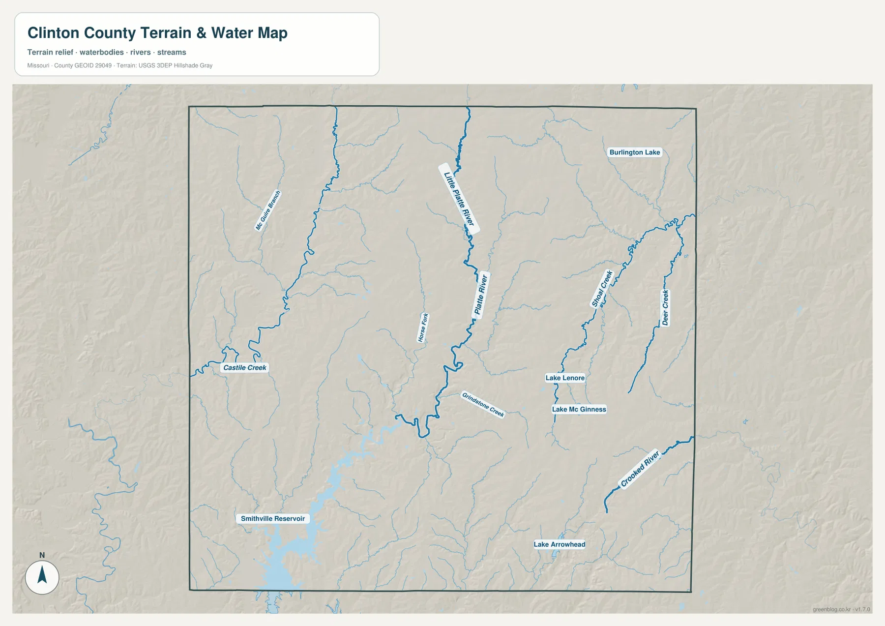 Clinton County Missouri terrain and water map showing Little Platte River, Platte River, Smithville Reservoir, Shoal Creek, and Deer Creek