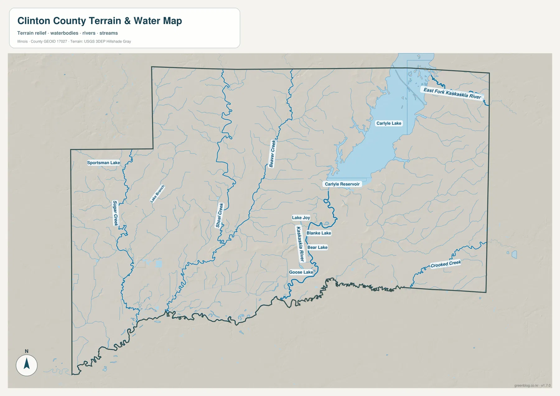 Carlyle Lake, Kaskaskia River, East Fork Kaskaskia River, Sugar Creek, Shoal Creek, Beaver Creek와 여러 호수를 보여 주는 클린턴 카운티 수역 지형 지도