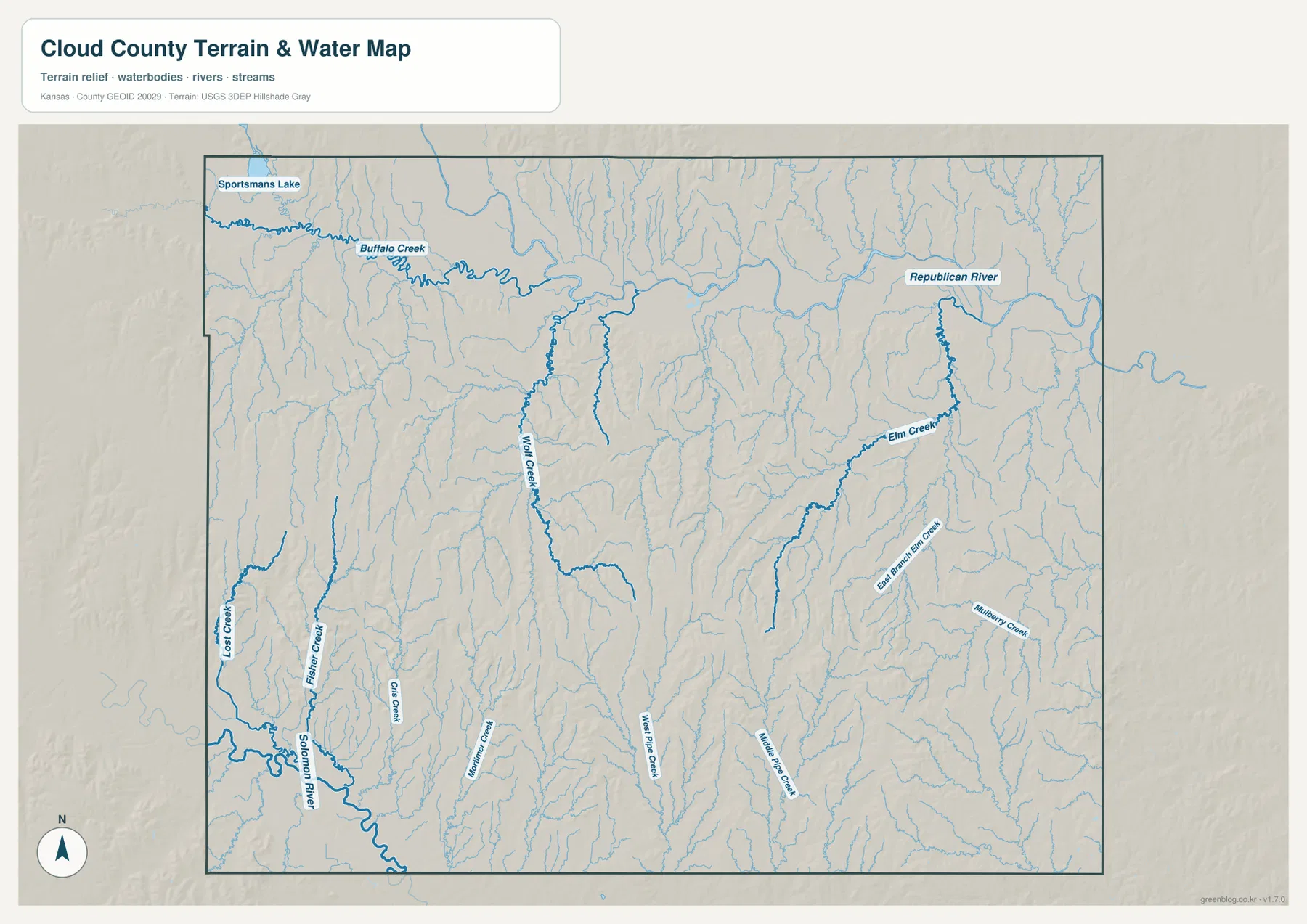 클라우드 카운티 수역 지도에 표시된 Republican River, Buffalo Creek, Wolf Creek, Elm Creek와 Solomon River