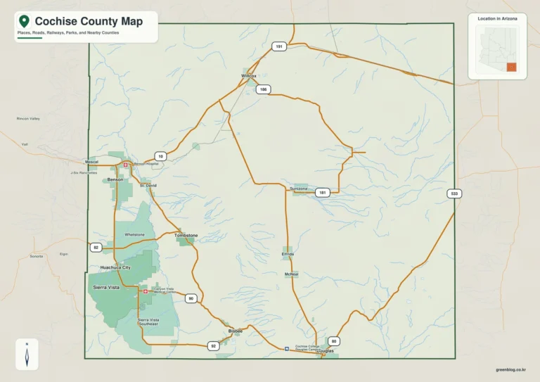 애리조나주 코치스 카운티(Cochise County) 지도에서 보는 San Pedro River와 Sierra Vista·Douglas