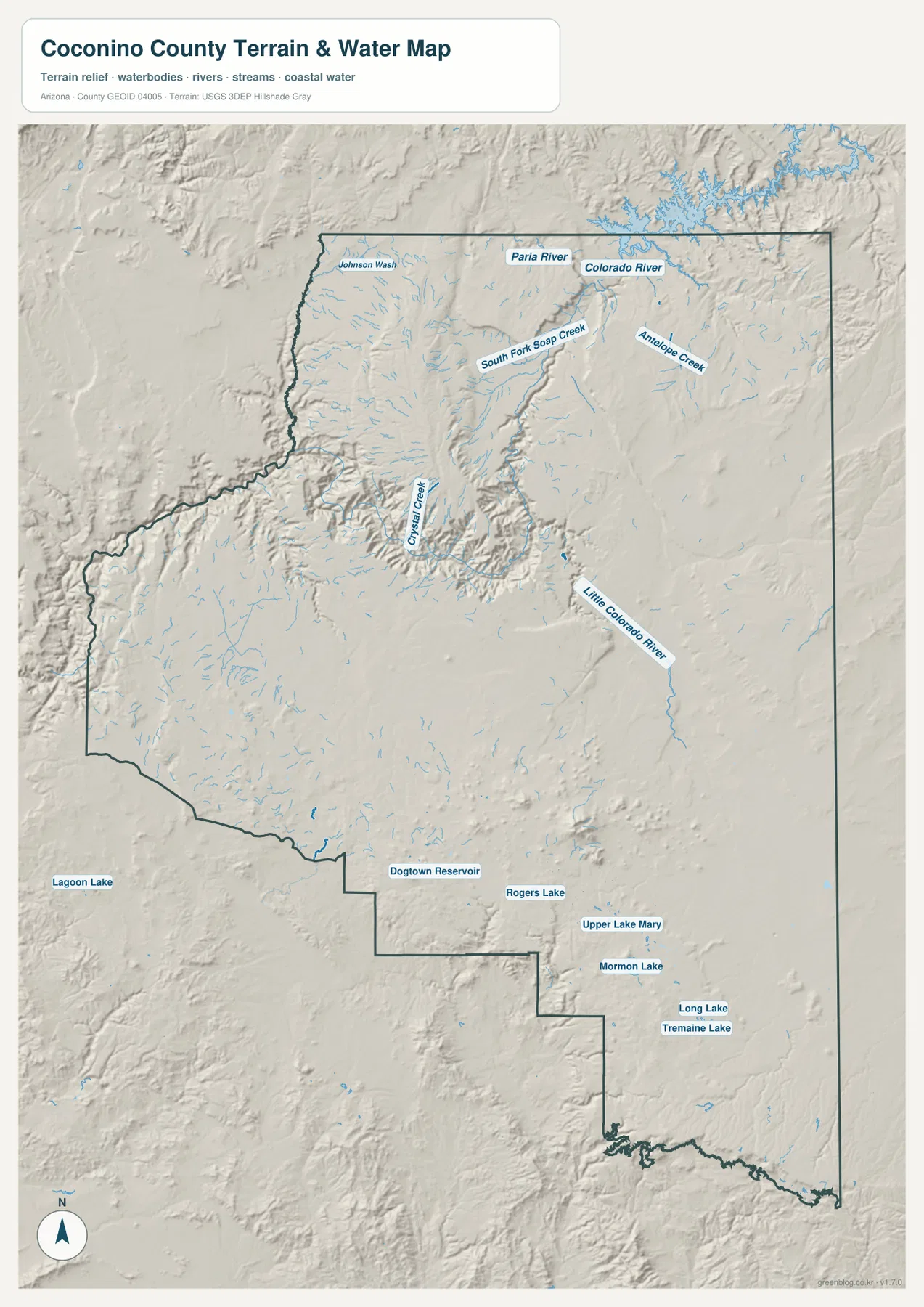 Coconino County Colorado River Little Colorado River 호수와 지형 지도