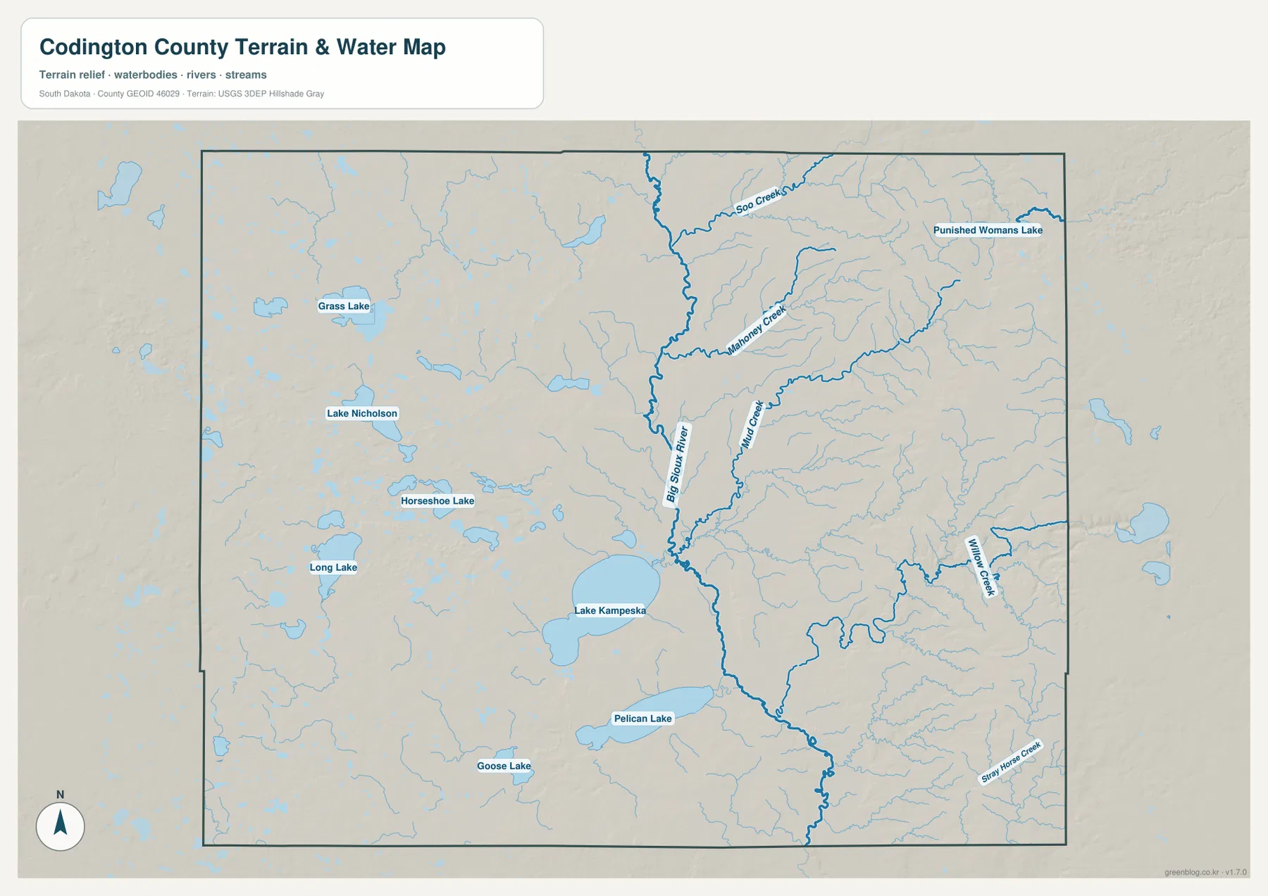Lake Kampeska, Pelican Lake, Big Sioux River, Mahoney Creek, Willow Creek, Soo Creek와 여러 호수가 표시된 코딩턴 카운티 수역 지도