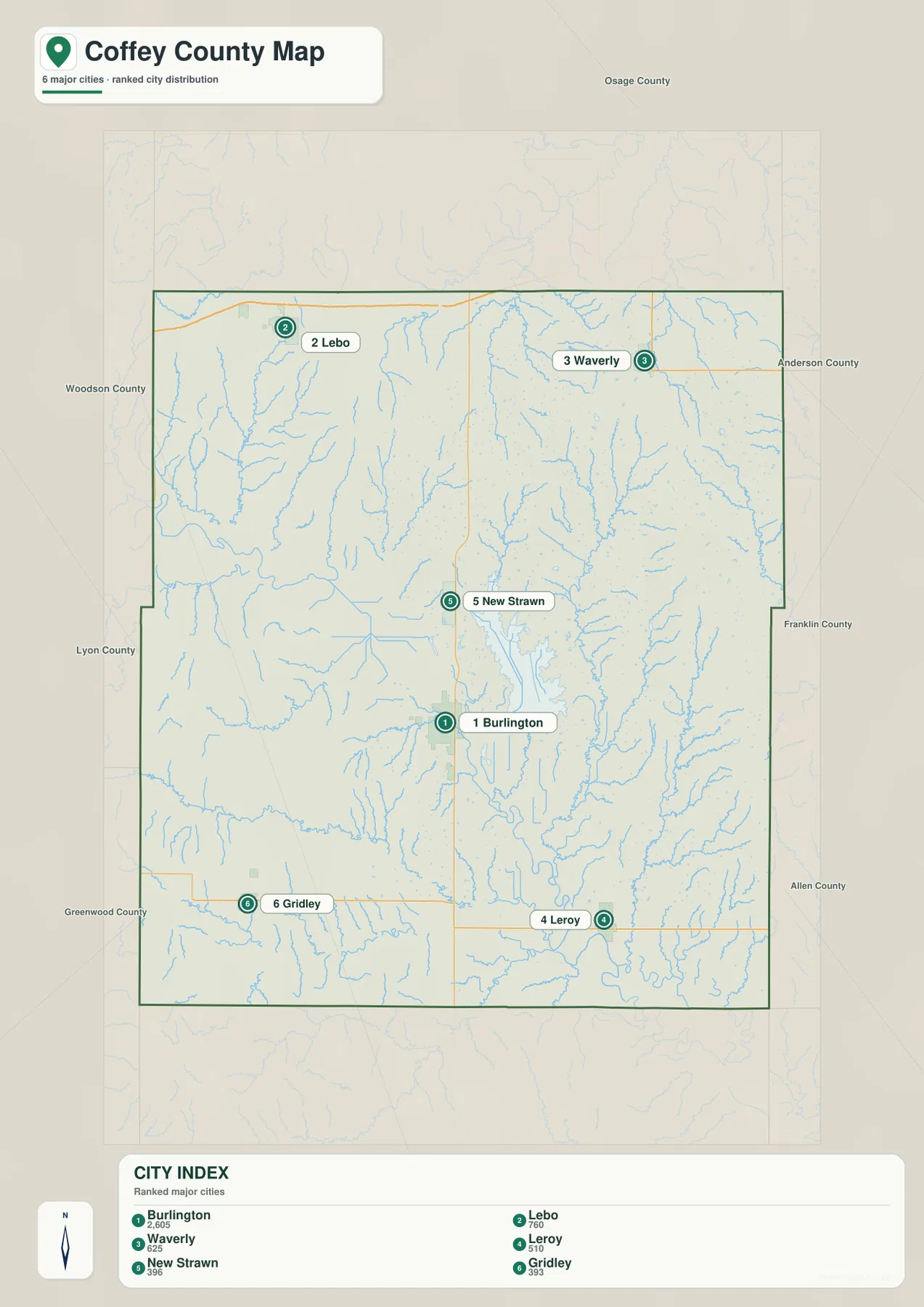 Coffey County city map showing Burlington, Lebo, Waverly, LeRoy, New Strawn, and Gridley