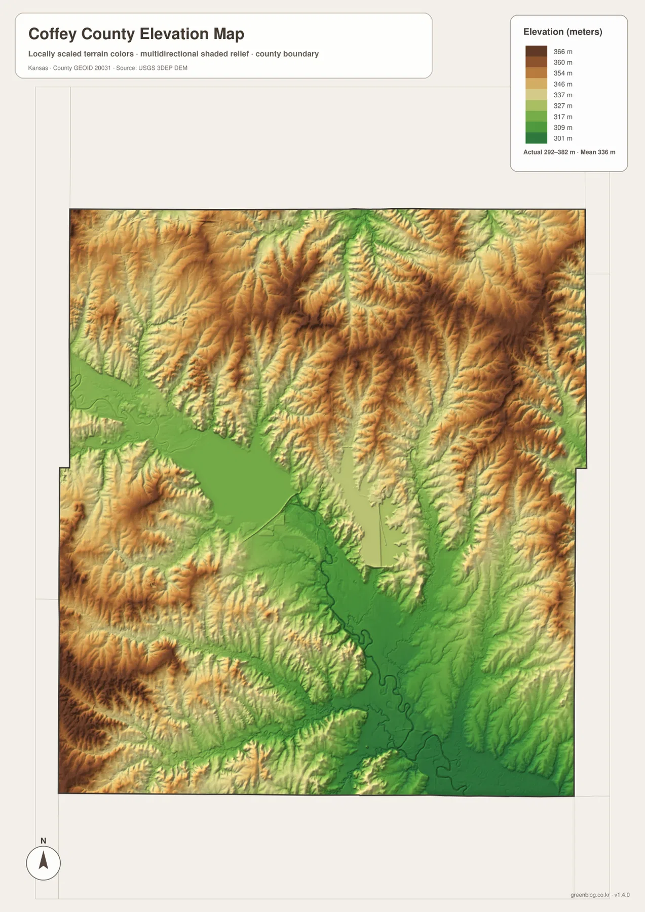 Coffey County elevation map showing the 292–382 meter range, lower terrain around John Redmond Reservoir and the Neosho River, and higher surrounding hills
