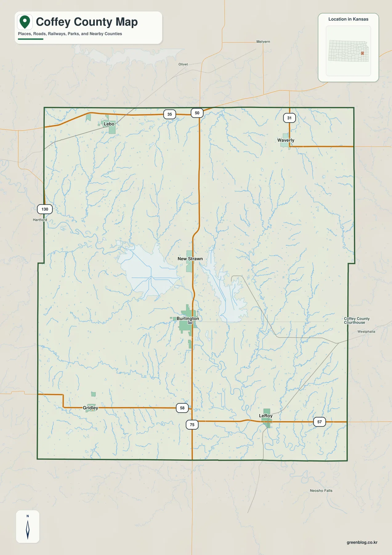 Coffey County Map showing Burlington, Lebo, Waverly, LeRoy, Gridley, U.S. 75, roads, streams, and the county boundary