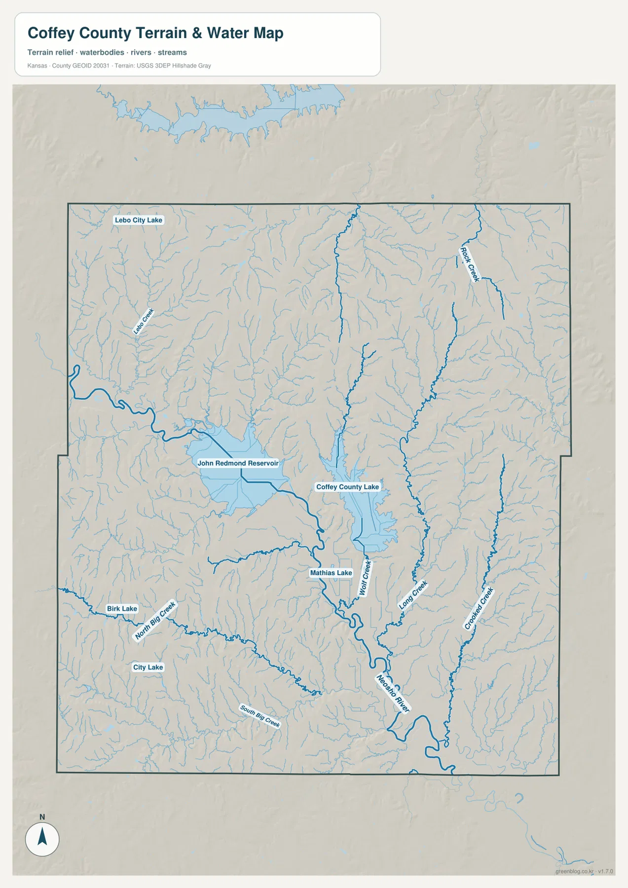 Coffey County water map showing John Redmond Reservoir, Coffey County Lake, Neosho River, Wolf Creek, Long Creek, and other streams