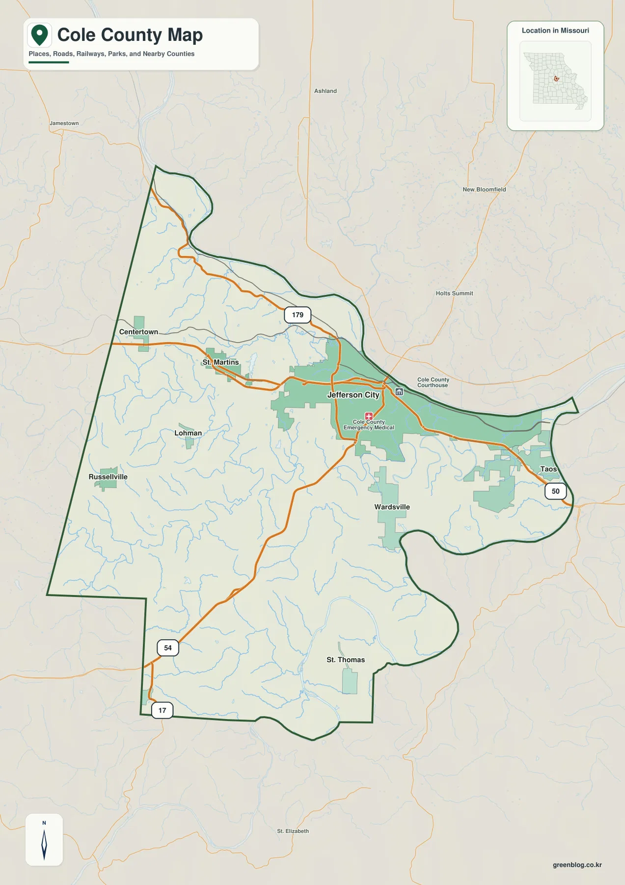 Jefferson City, U.S. 50, U.S. 54, U.S. 179, Centertown, Russellville, Taos를 표시한 미주리주 콜 카운티 일반 지도