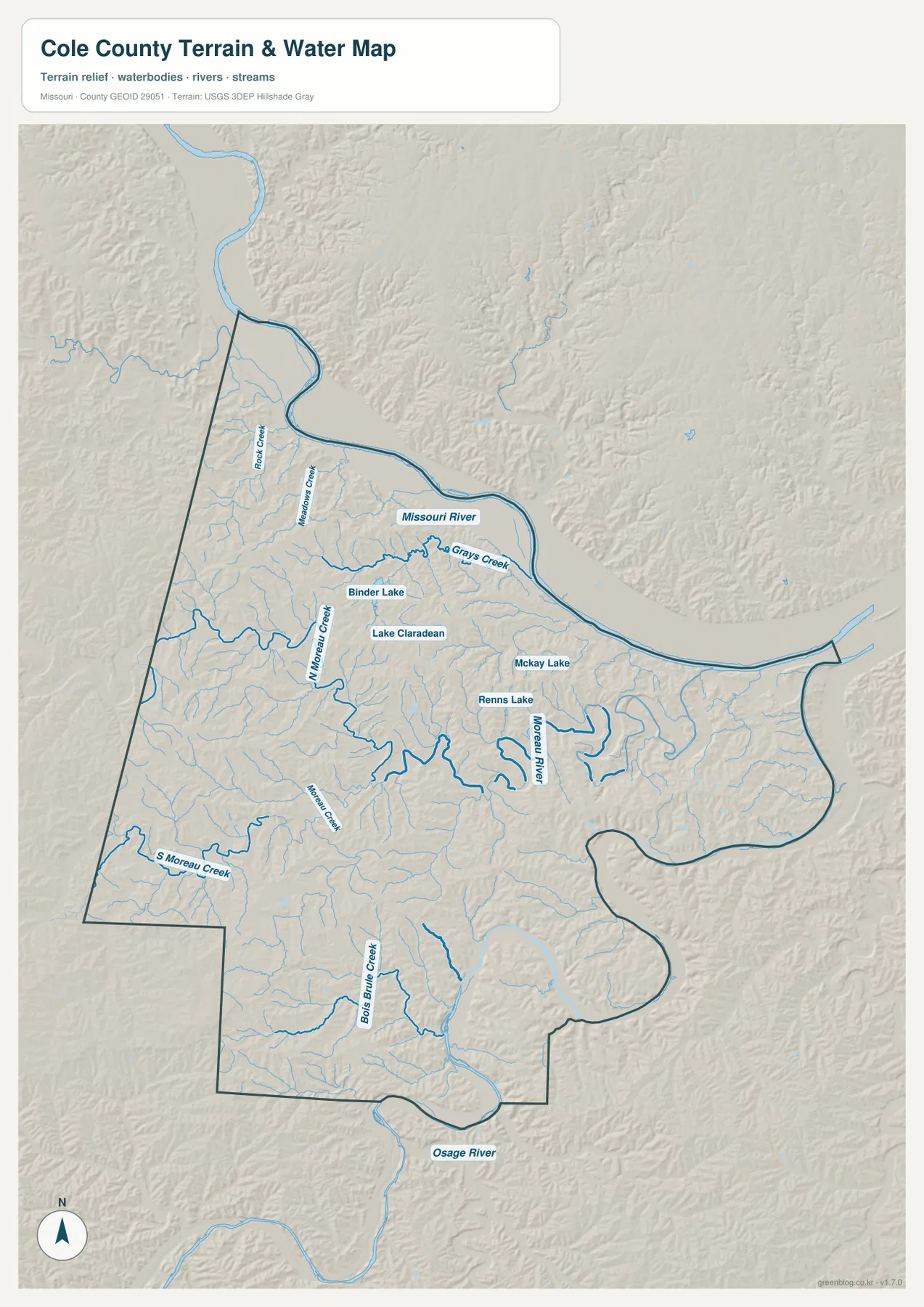 Missouri River, Moreau River, Osage River, Binder Lake, Lake Claradean과 지류를 표시한 콜 카운티 지형 수역 지도