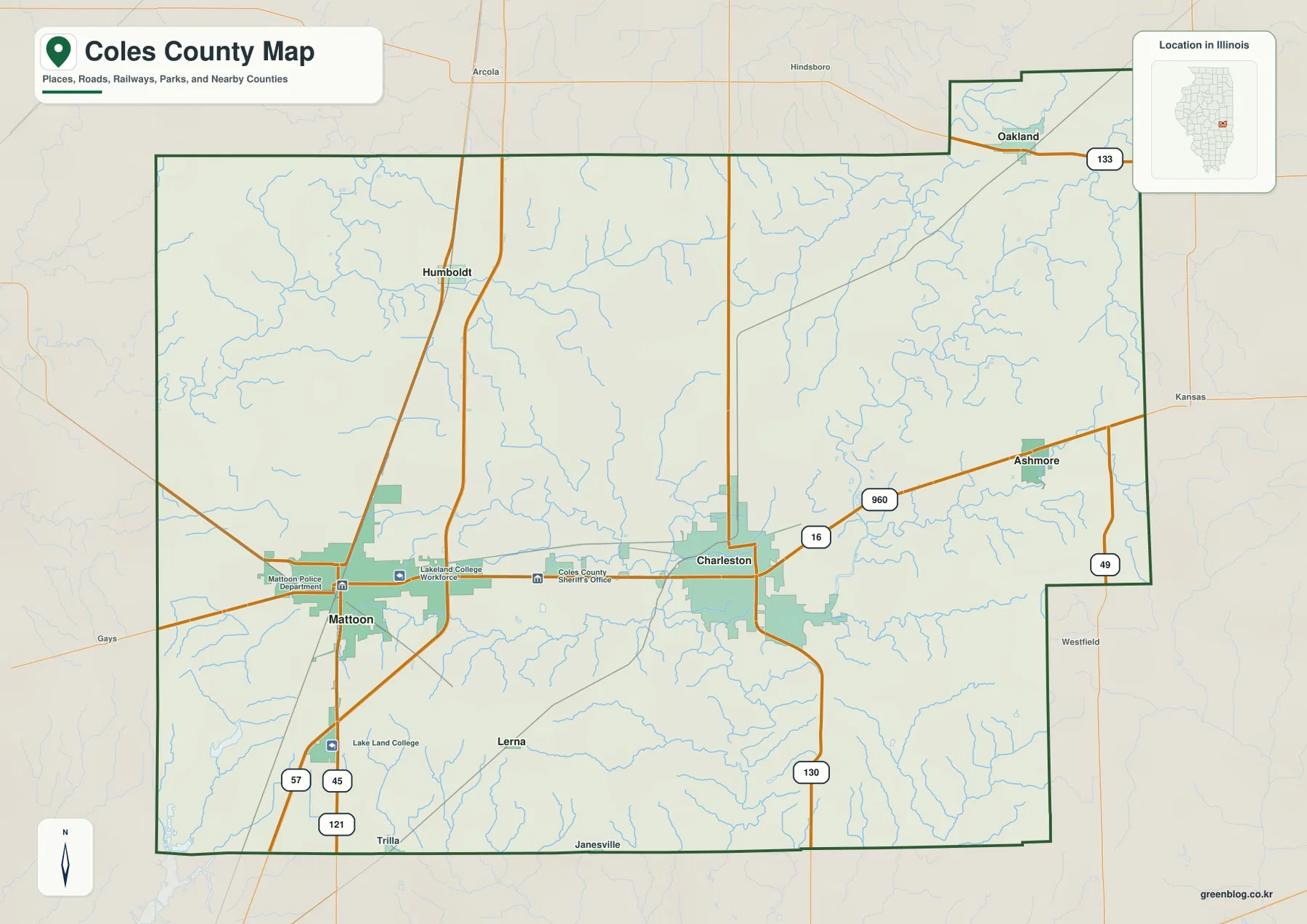 Charleston, Mattoon, Oakland, Ashmore, Humboldt, Lerna와 Route 16, US 45, I-57, Route 130을 보여 주는 일리노이주 콜스 카운티 지도