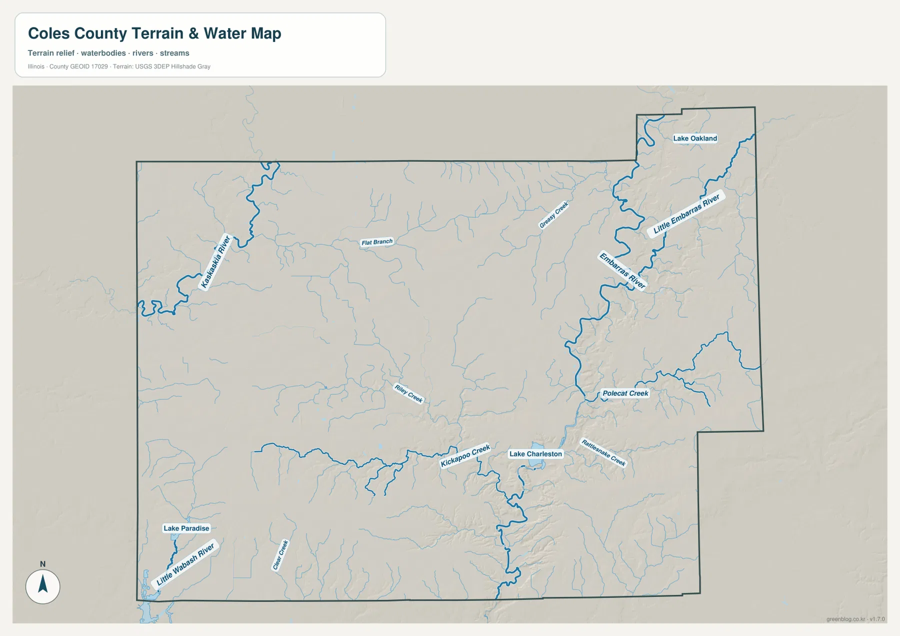 Embarras River, Little Embarras River, Kaskaskia River, Kickapoo Creek, Polecat Creek, Lake Charleston과 Lake Oakland를 보여 주는 콜스 카운티 수역 지형 지도