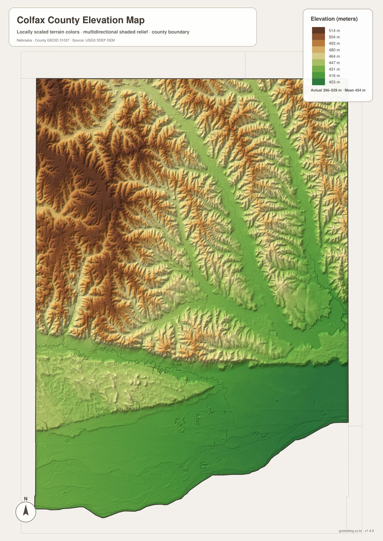 Colfax County elevation map showing the low Platte River plain, Maple Creek valleys, and higher northwestern uplands