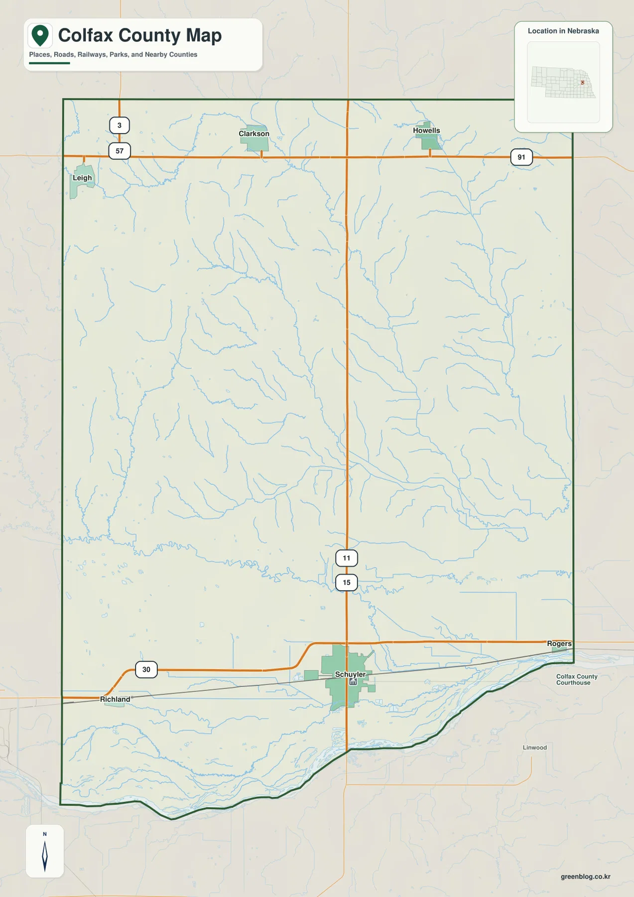 Colfax County Nebraska map showing Schuyler, Clarkson, Howells, Leigh, Richland, Rogers, highways, railways, streams, and county boundaries