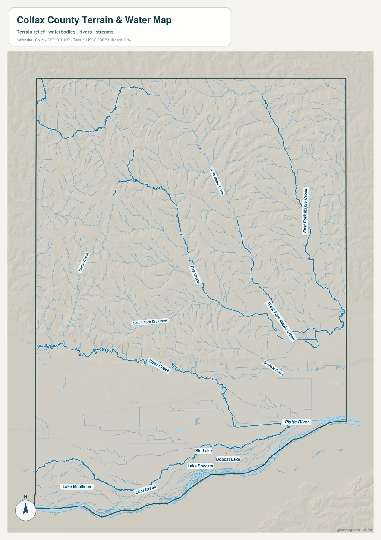 Colfax County water map showing Platte River, Shell Creek, Dry Creek, West Fork Maple Creek, East Fork Maple Creek, Taylor Creek, and Rawhide Creek