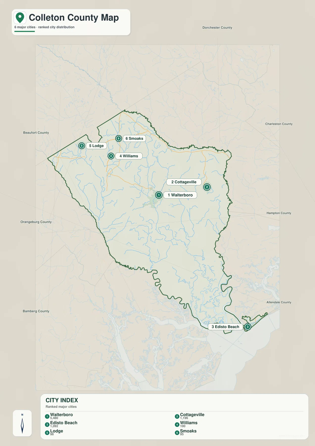 Colleton County city map showing Walterboro, Cottageville, Edisto Beach, Williams, Lodge, and Smoaks
