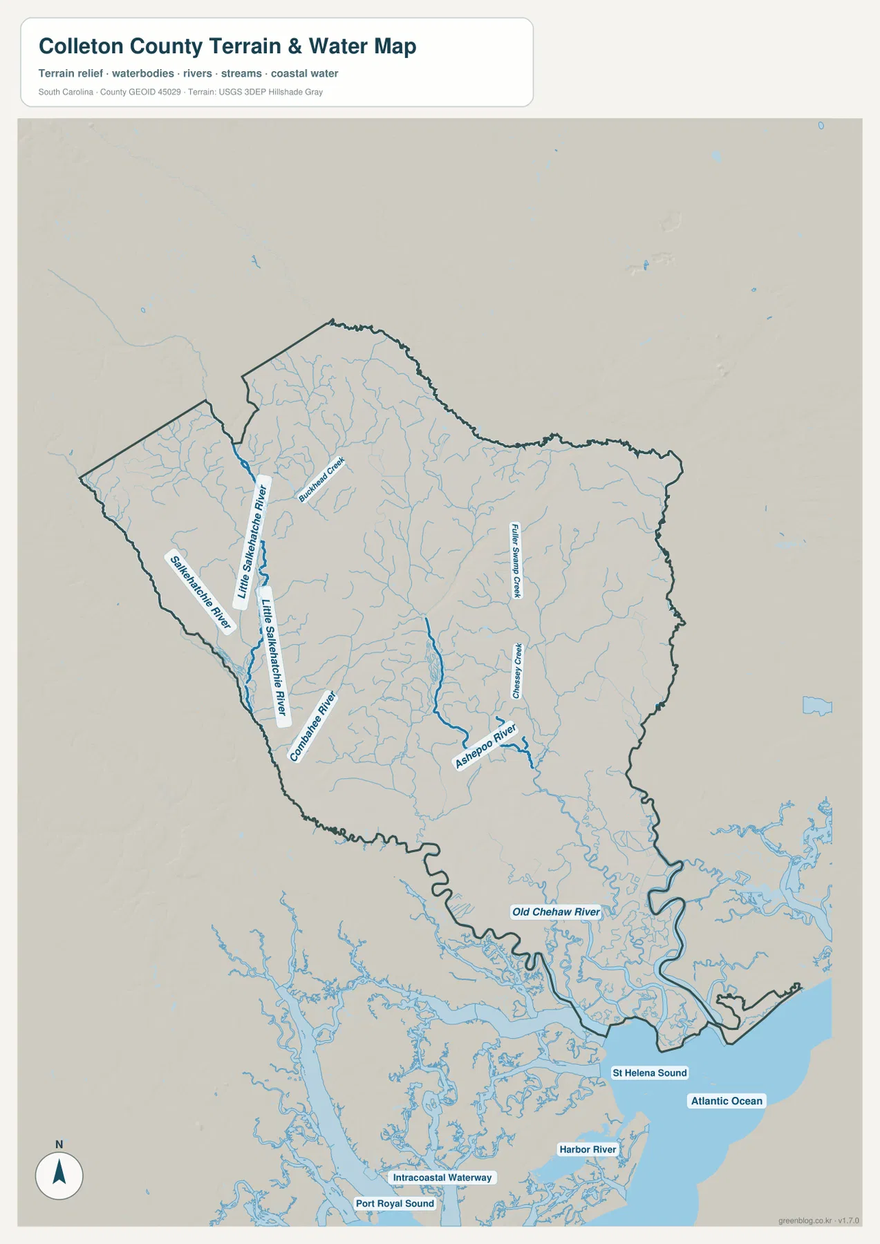 Colleton County terrain and water map showing Little Salkehatchie River, Combahee River, Ashepoo River, Old Chehaw River, and coastal water