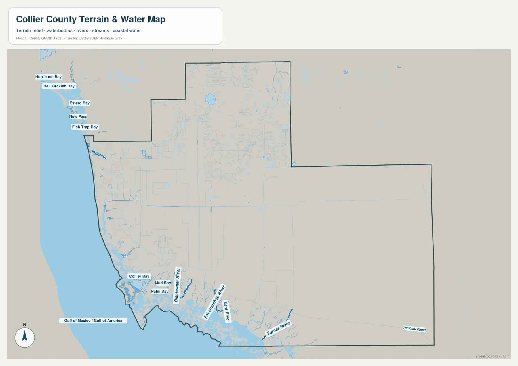 Collier County water map showing Collier Bay, Fakahatchee River, East River, Turner River, and southern waterways
