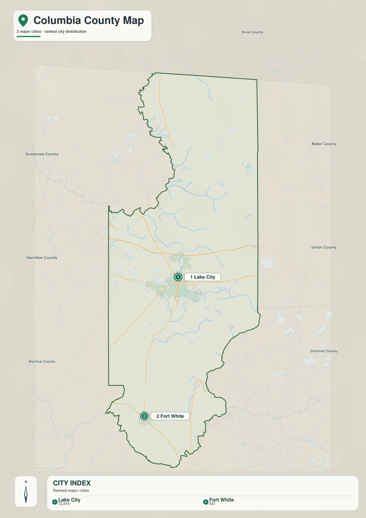 Columbia County city map highlighting Lake City and Fort White