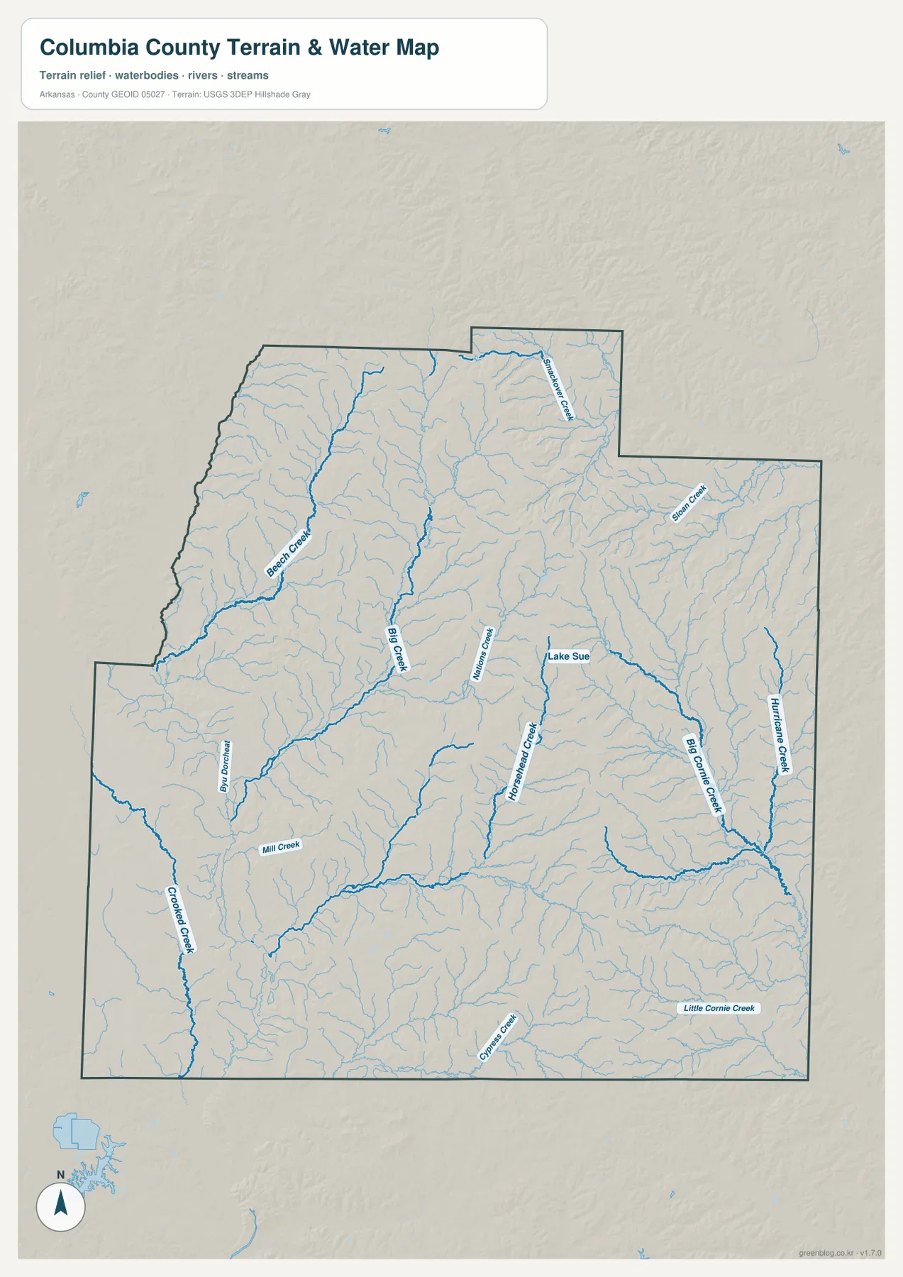 컬럼비아 카운티 수역 지도에 Beech Creek, Big Creek, Bayou Dorcheat, Horsehead Creek, Big Cornie Creek, Hurricane Creek가 표시된 모습
