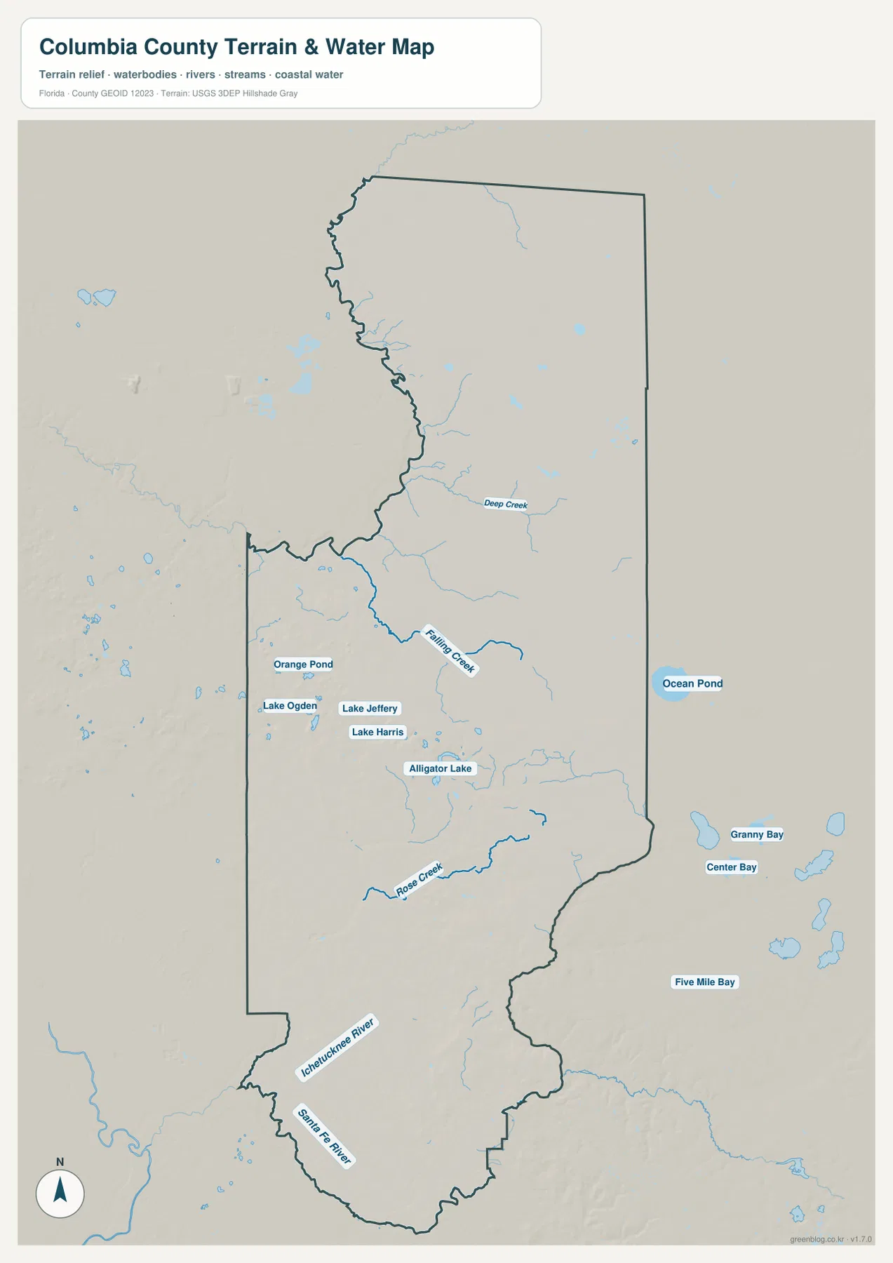 Columbia County water map showing Alligator Lake, Falling Creek, Ichetucknee River, and Santa Fe River