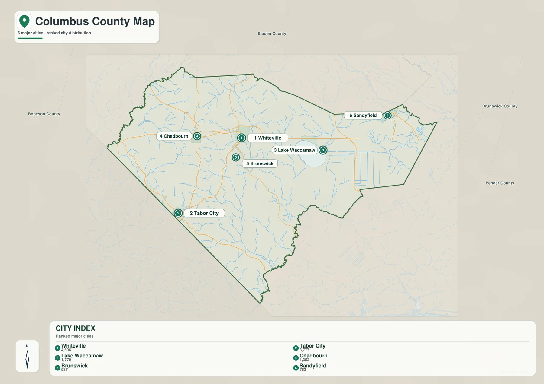 Columbus County city map with Whiteville Tabor City Lake Waccamaw Chadbourn Brunswick and Sandyfield