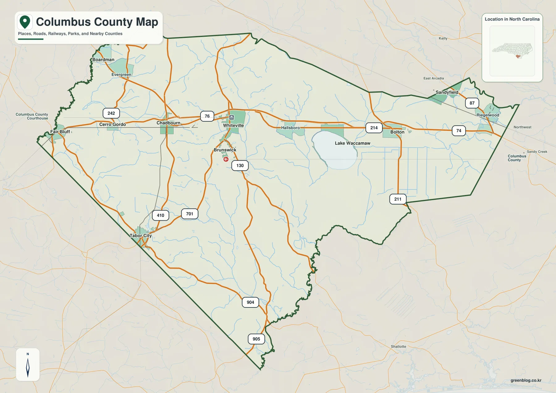 Columbus County Map showing Whiteville Chadbourn Tabor City Lake Waccamaw US 74 roads and boundaries