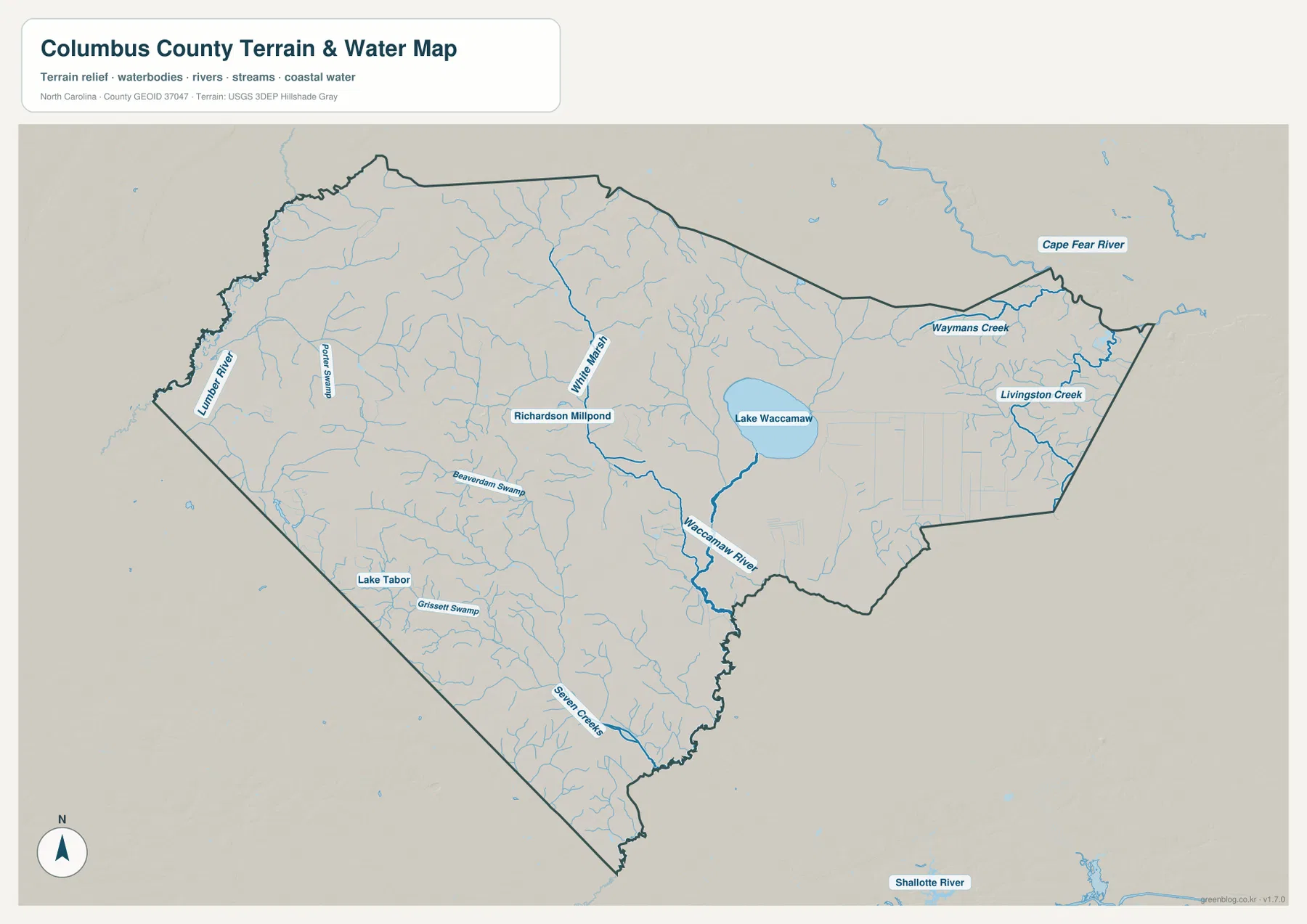 Columbus County terrain and water map with Lake Waccamaw Waccamaw River Lumber River White Marsh and Grissett Swamp