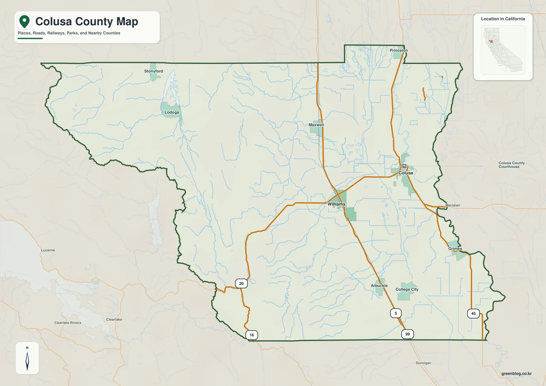 Colusa County California reference map showing Colusa, Williams, Maxwell, Arbuckle, Stonyford, Lodoga, highways, waterways, and the county boundary