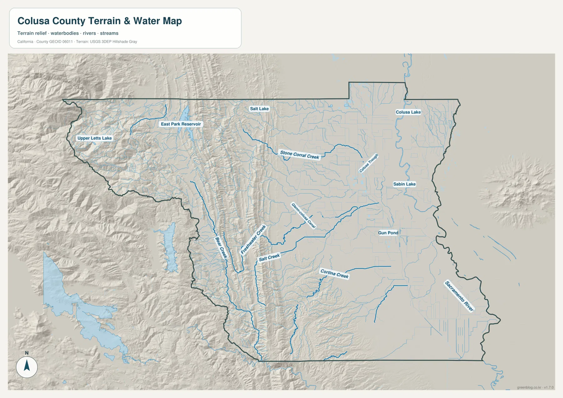 Colusa County terrain and water map showing Sacramento River, Colusa Trough, Stone Corral Creek, Freshwater Creek, reservoirs, lakes, and Coast Range relief