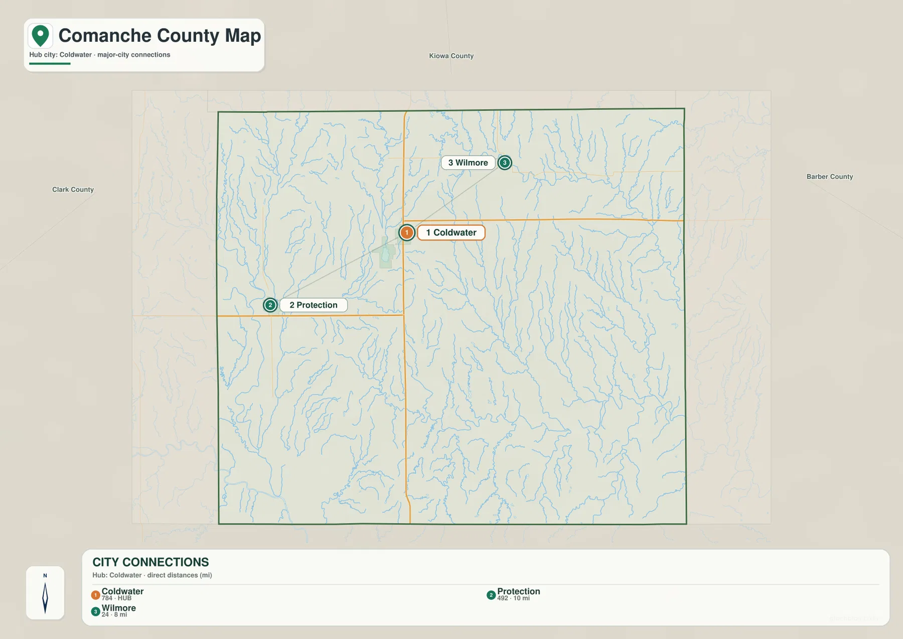 Comanche County city map showing Coldwater as the hub with Protection to the west and Wilmore to the north