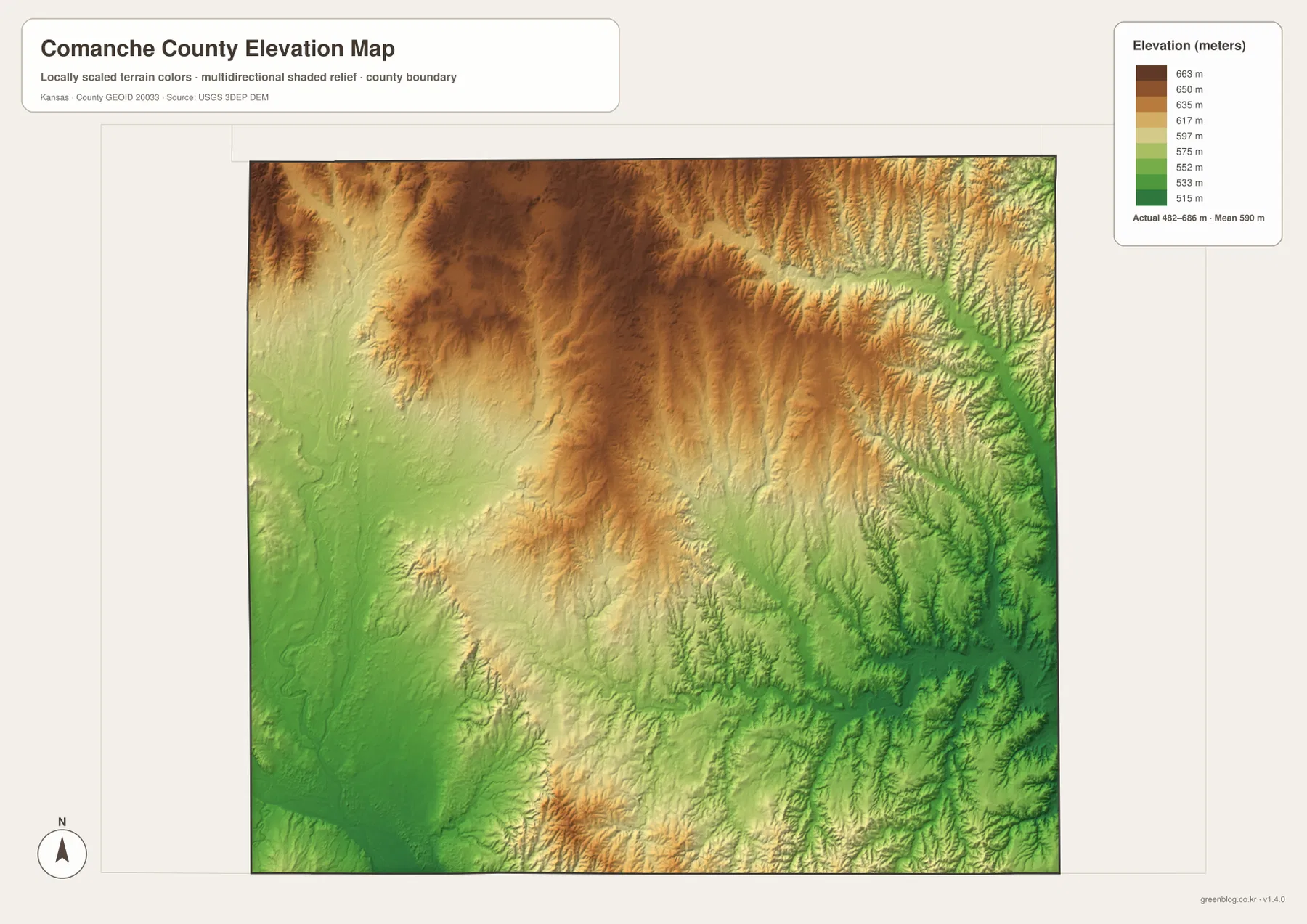 Comanche County elevation map showing the 482–686 meter range, high northern and northwestern ground, and lower southern and eastern valleys