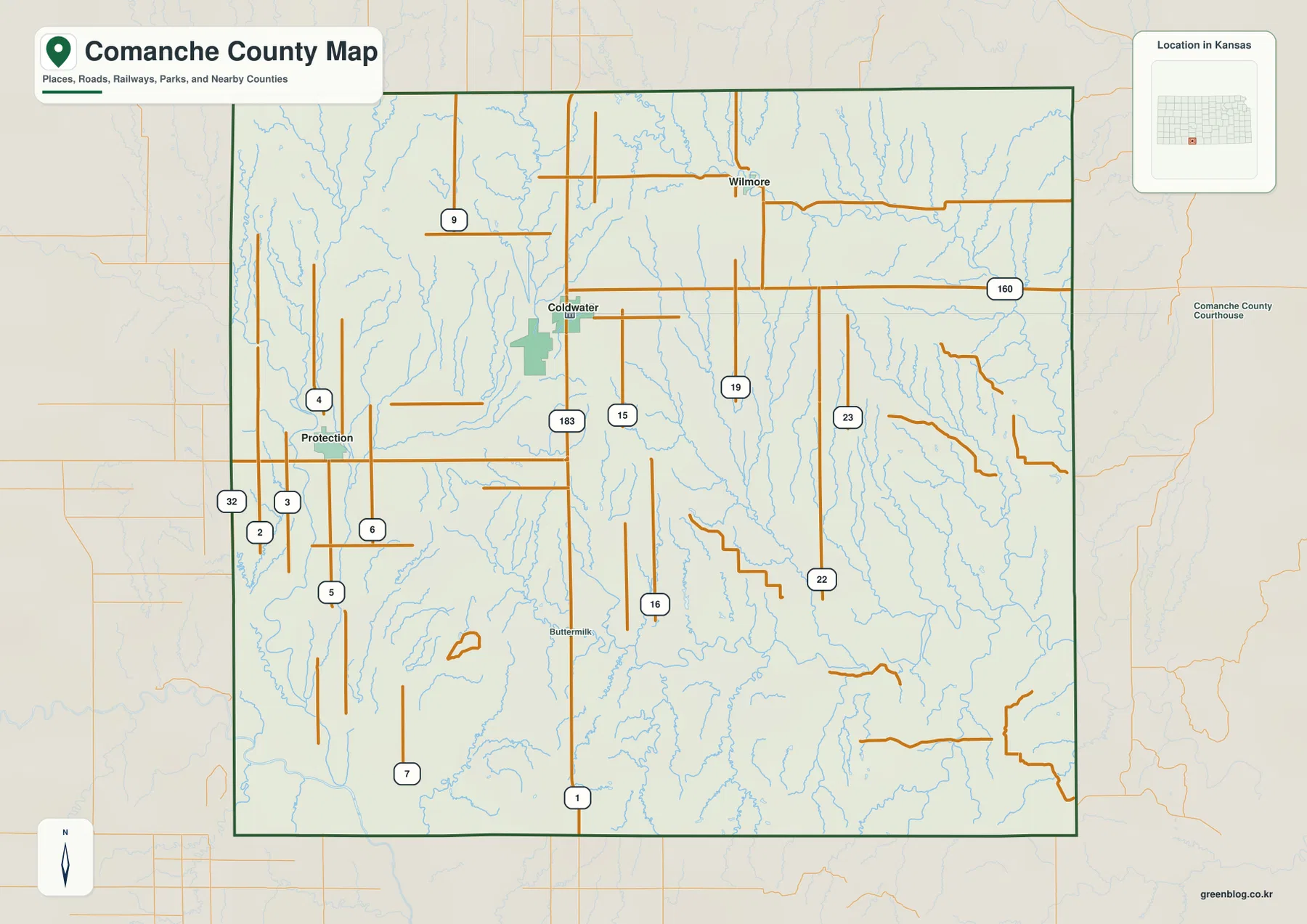 Comanche County Kansas general map showing Coldwater, Protection, Wilmore, U.S. 160, U.S. 183, county roads, and drainage