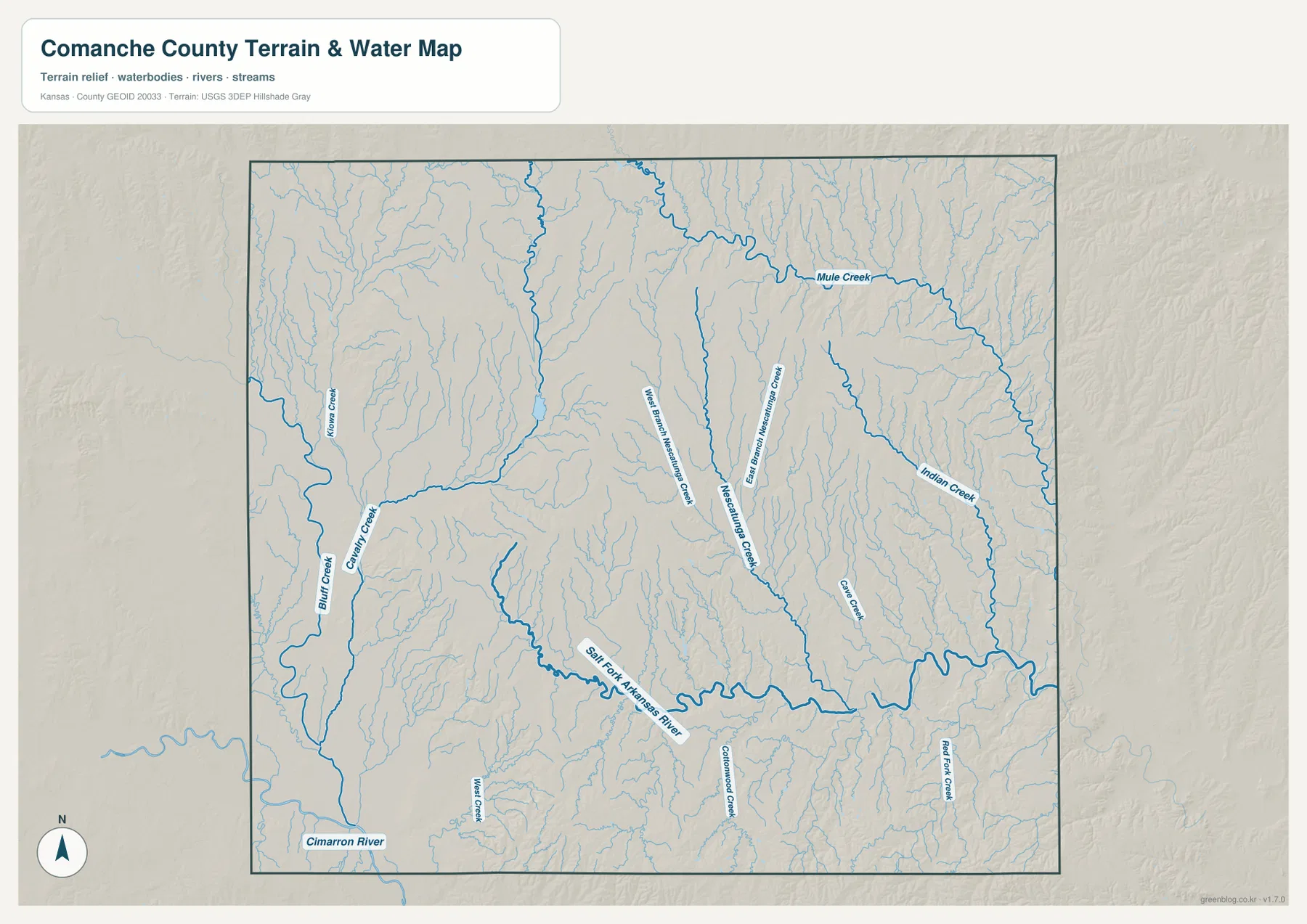 Comanche County terrain and water map showing Salt Fork Arkansas River, Nescatunga Creek branches, Mule Creek, Indian Creek, and western tributaries