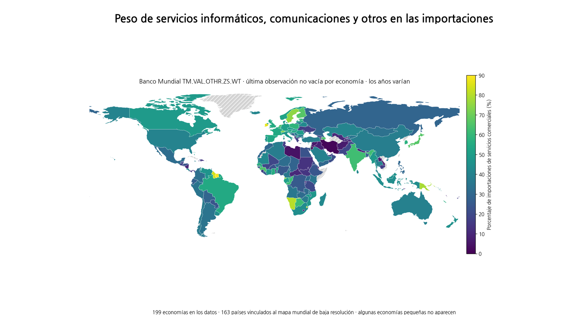 Mapa del porcentaje de servicios informáticos, comunicaciones y otros dentro de las importaciones de servicios comerciales