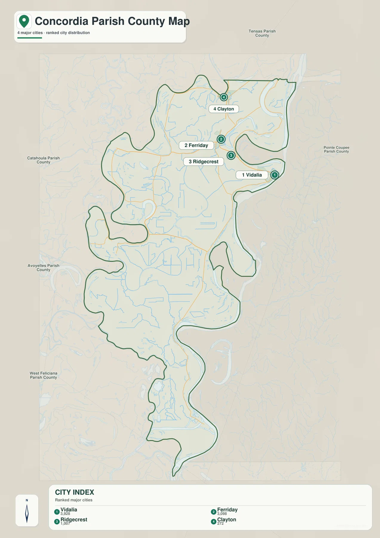 Concordia Parish의 Vidalia, Ferriday, Ridgecrest, Clayton 네 주요 도시와 주변 Catahoula, Tensas, Avoyelles, West Feliciana Parish 방향을 표시한 도시 지도