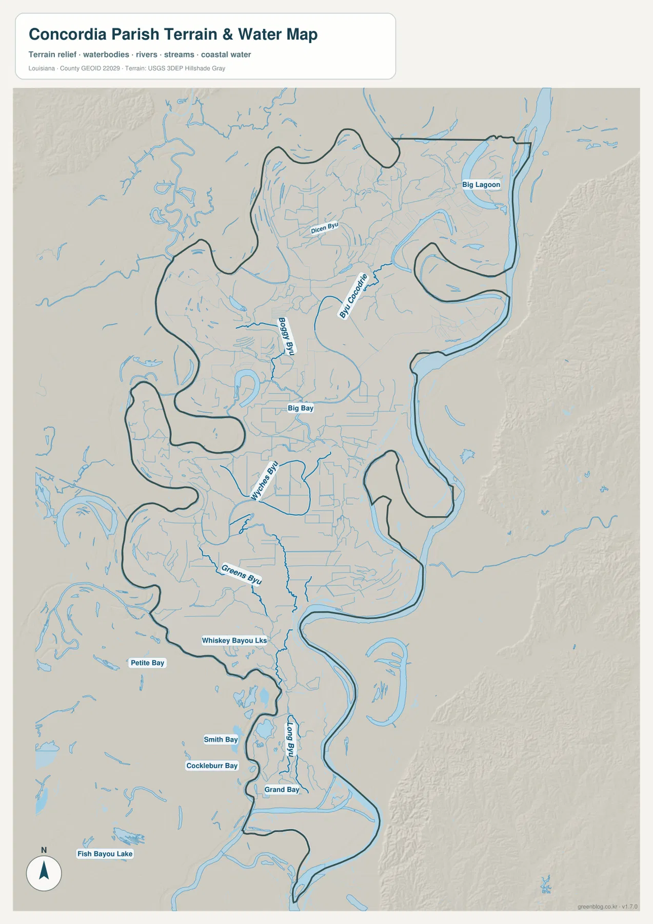 Concordia Parish의 Mississippi River 강변, Big Lagoon, Dicen Bayou, Bayou Cocodrie, Boggy Bayou, Big Bay, Witches Bayou, Greens Bayou, Whiskey Bayou Lakes, Petite Bay, Smith Bay, Cocklebur Bay, Grand Bay를 표시한 수역 지도
