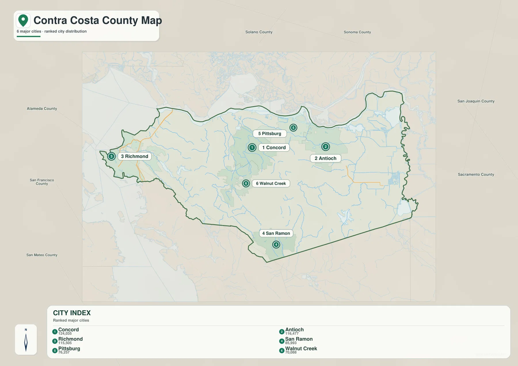 Contra Costa County city map showing Concord, Antioch, Richmond, San Ramon, Pittsburg, and Walnut Creek