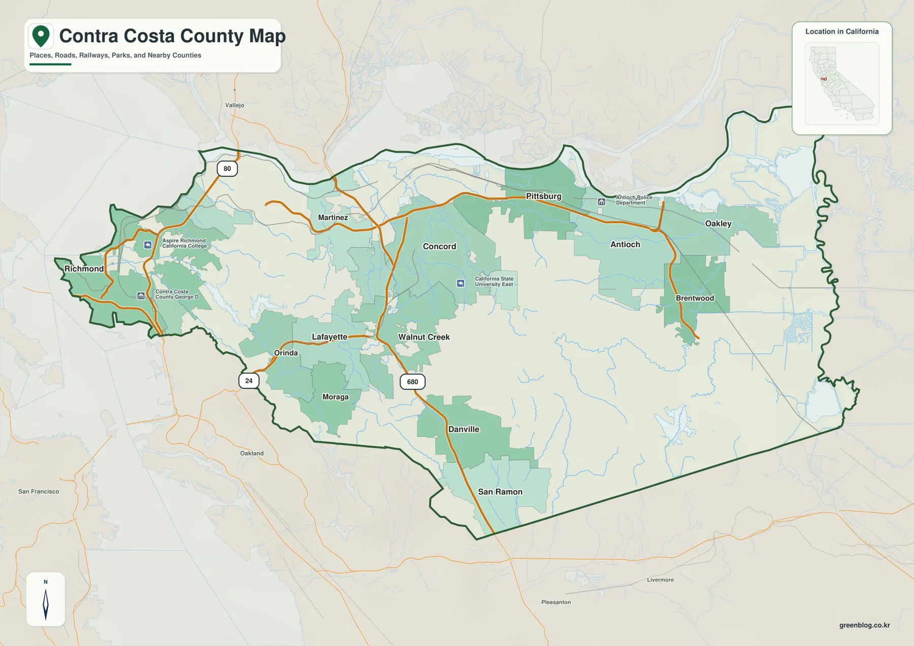Contra Costa County California reference map showing Richmond, Martinez, Concord, Walnut Creek, Antioch, Brentwood, Danville, San Ramon, roads, waterways, and county boundary