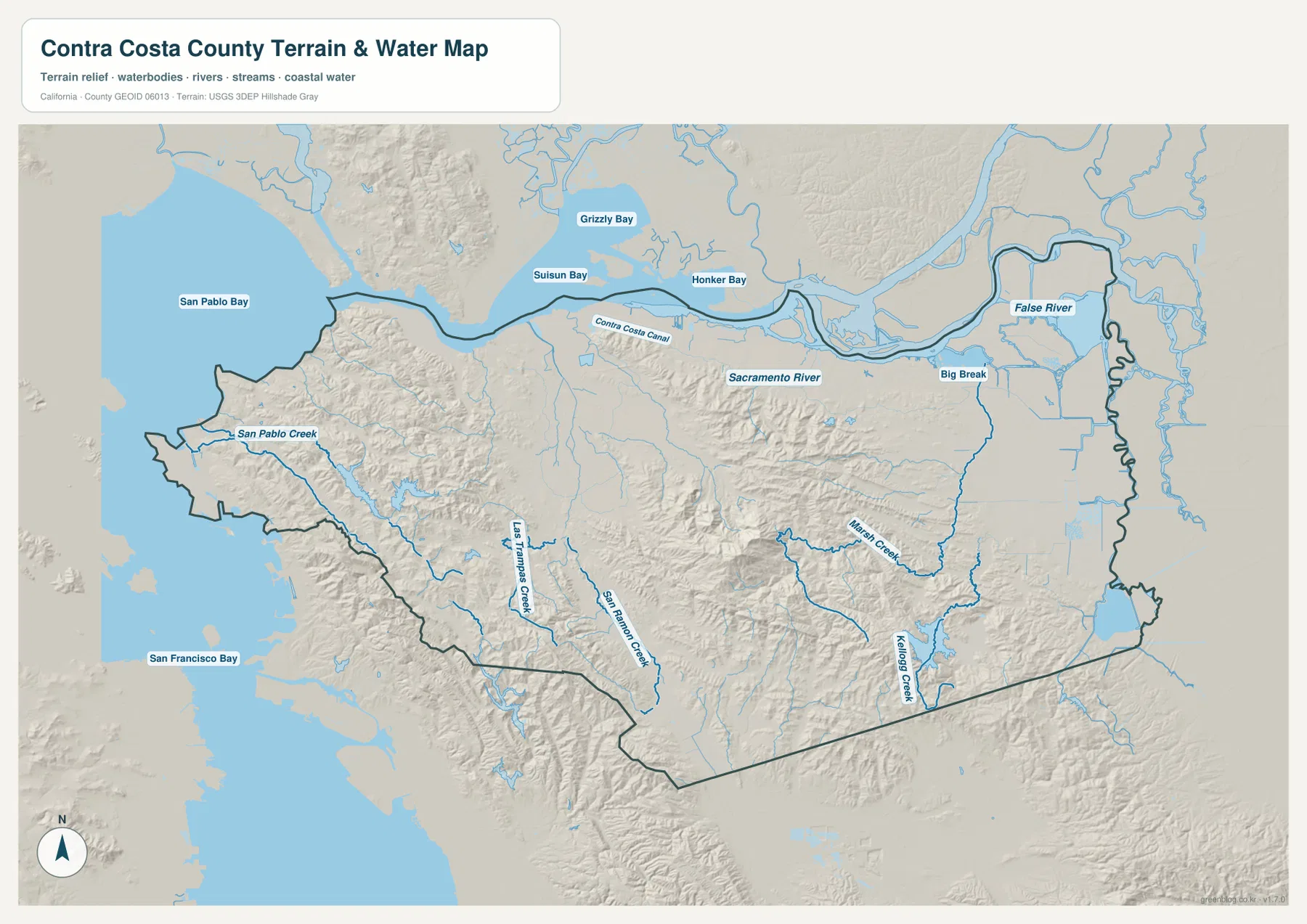 Contra Costa County terrain and water map showing San Pablo Bay, Suisun Bay, Sacramento River, Big Break, San Pablo Creek, Marsh Creek, and inland terrain