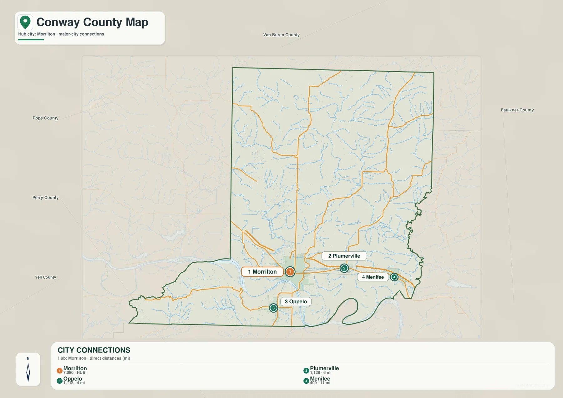 Conway County 도시 지도에 Morrilton을 중심으로 Plumerville, Oppelo, Menifee가 연결된 모습