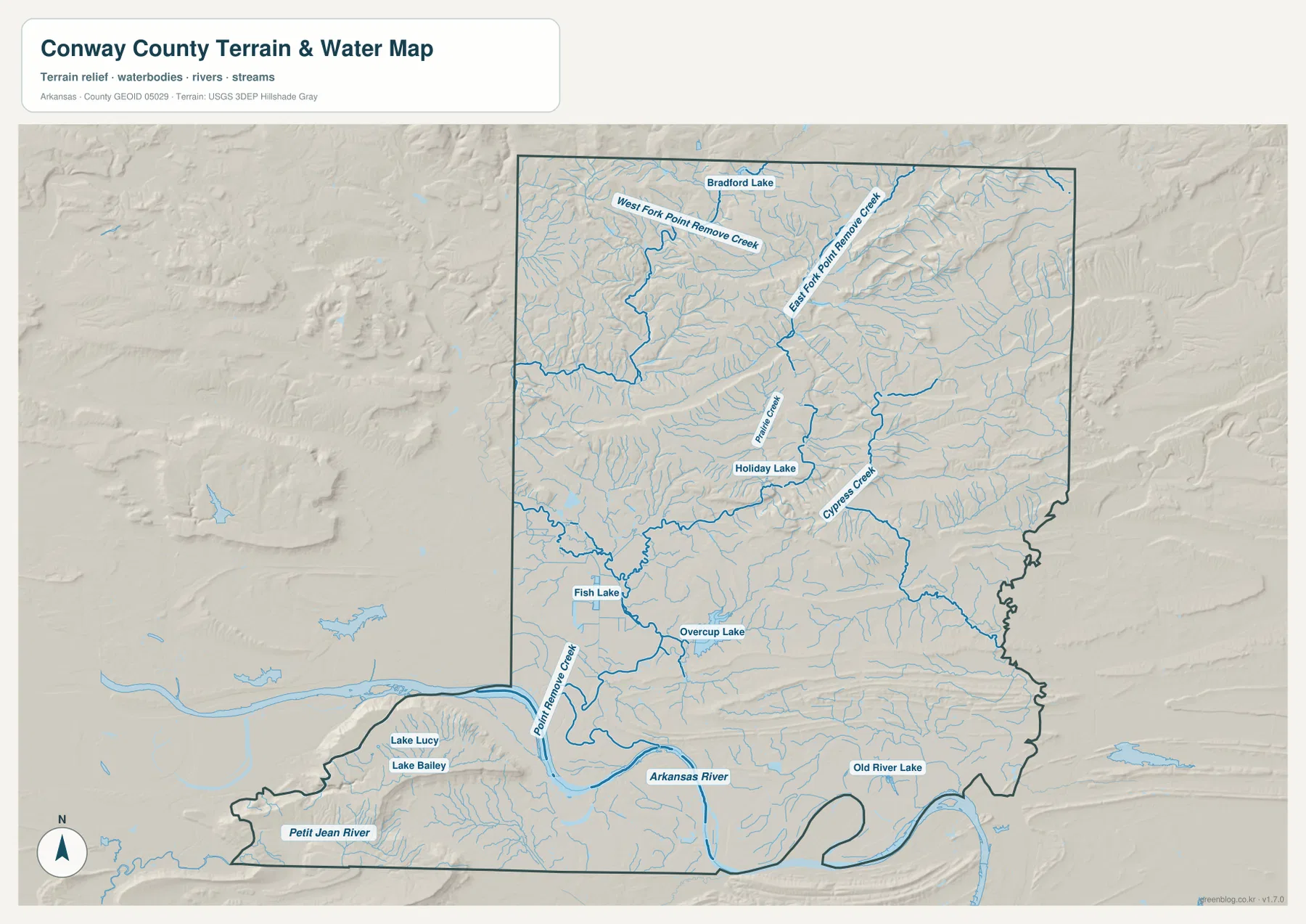 Conway County 수역 지도에 Arkansas River, Petit Jean River, Point Remove Creek, Ripley Creek, Cypress Creek, Overcup Lake가 표시된 모습