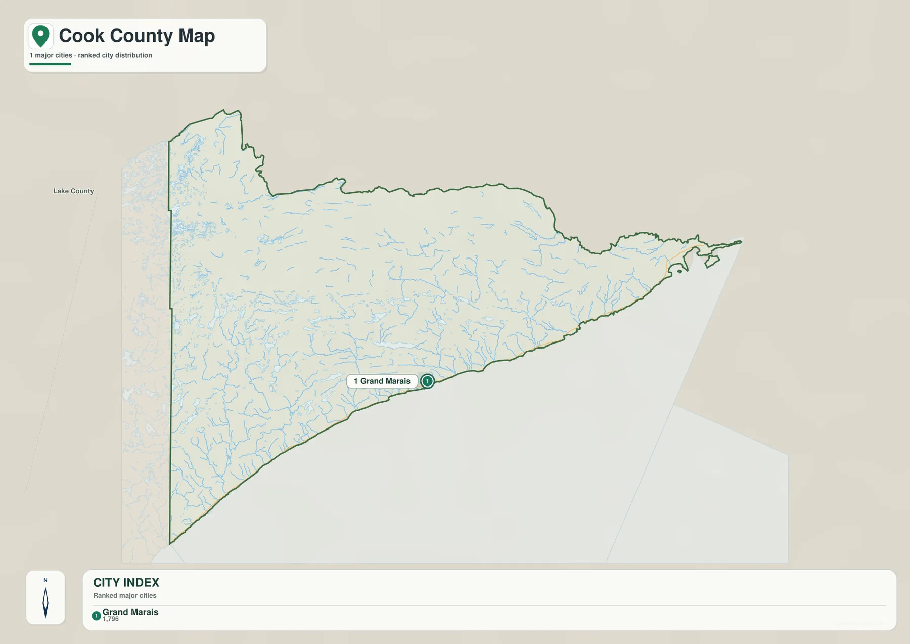 Cook County city distribution map highlighting Grand Marais on the Lake Superior shore