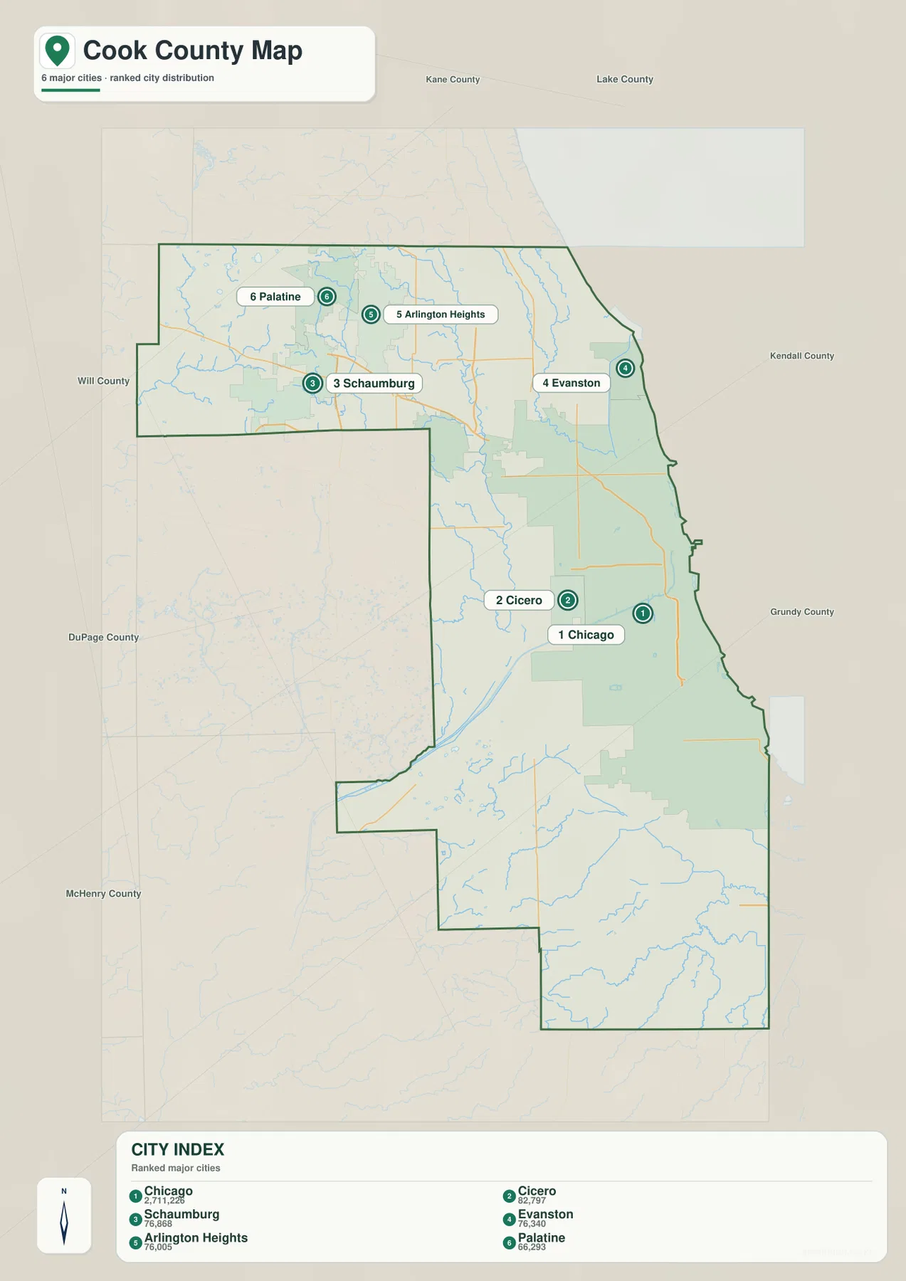 Cook County Illinois city map ranking Chicago, Cicero, Schaumburg, Evanston, Arlington Heights, and Palatine