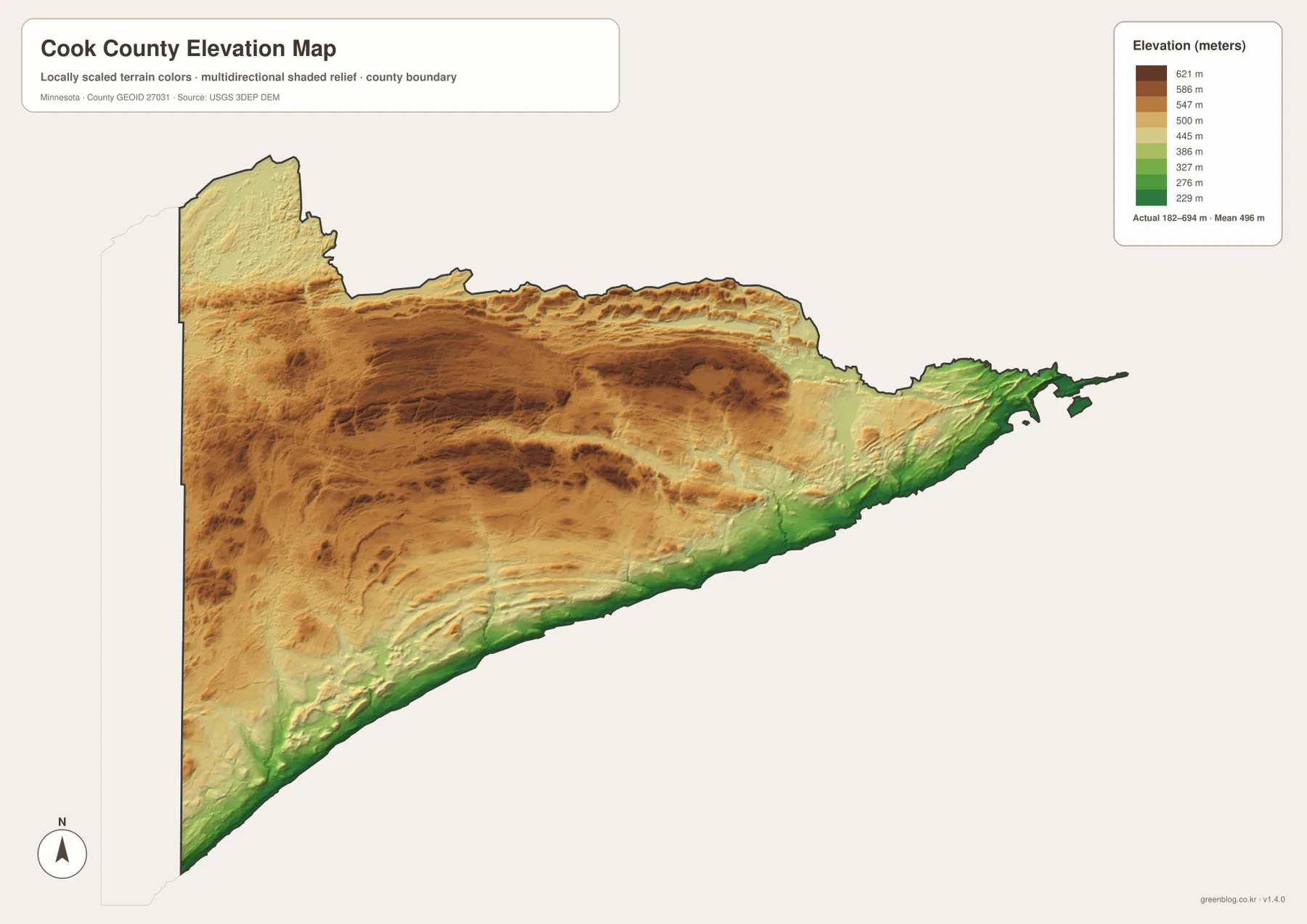 Cook County Minnesota elevation map showing low terrain along Lake Superior and higher central and western uplands