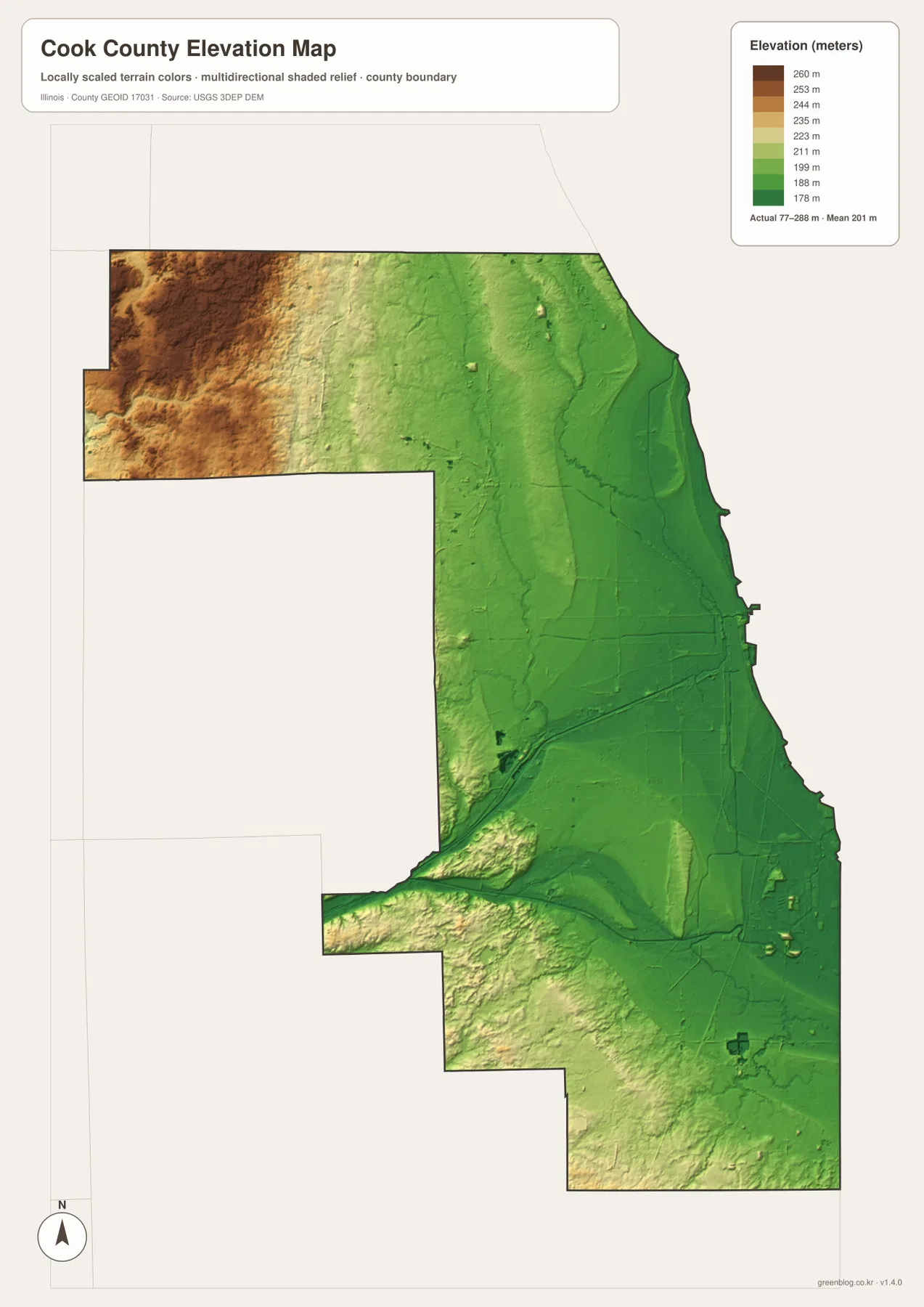 Cook County Illinois elevation map showing high northwest terrain and lower Lake Michigan and central corridors across an actual range of about 77 to 288 meters
