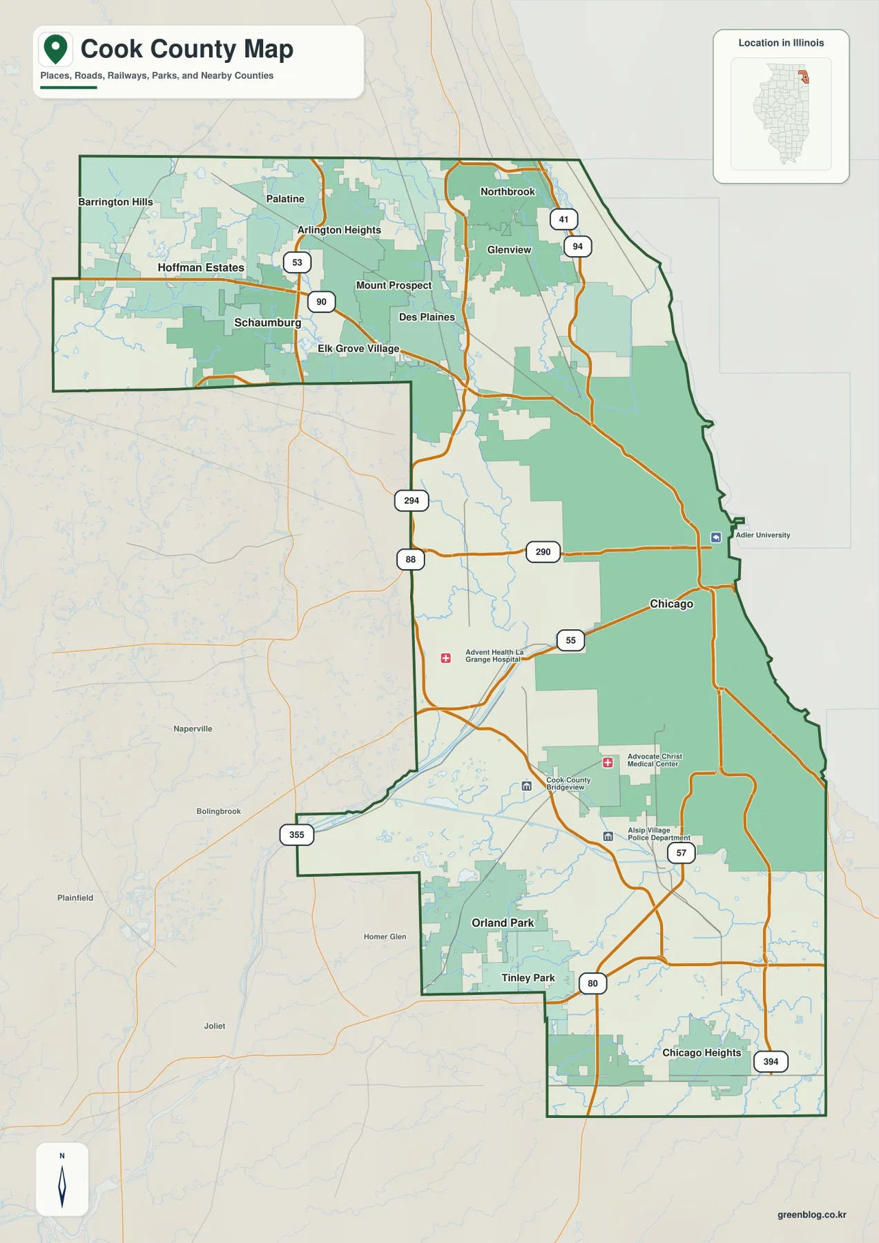 Cook County Illinois overview map showing Chicago, Schaumburg, Palatine, Arlington Heights, Des Plaines, Orland Park, Chicago Heights, major highways, boundaries, and streams