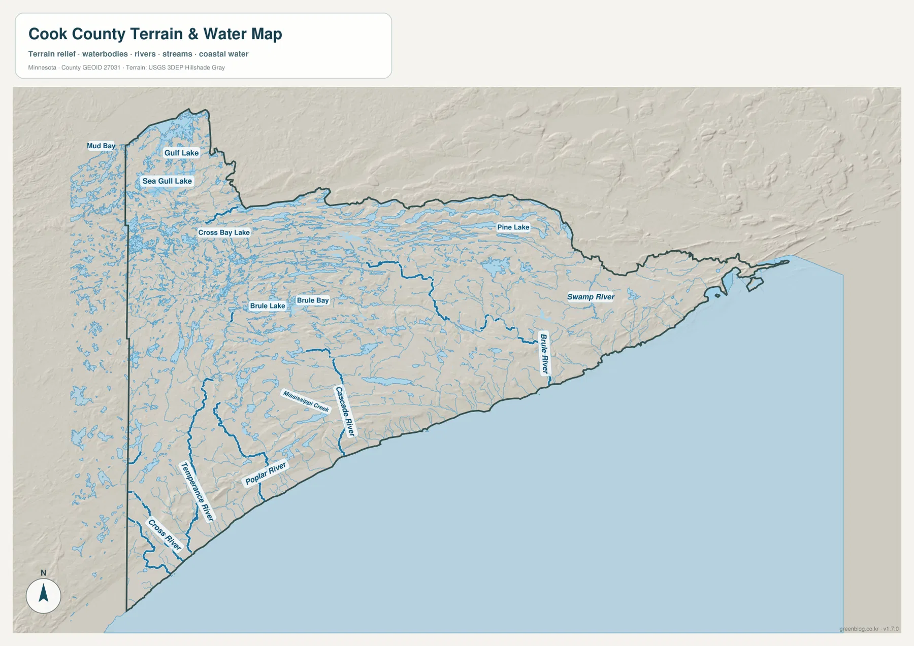 Cook County terrain and water map showing Sea Gull Lake, Brule Lake, Cross River, Temperance River, Poplar River, Cascade River, Brule River, and Lake Superior
