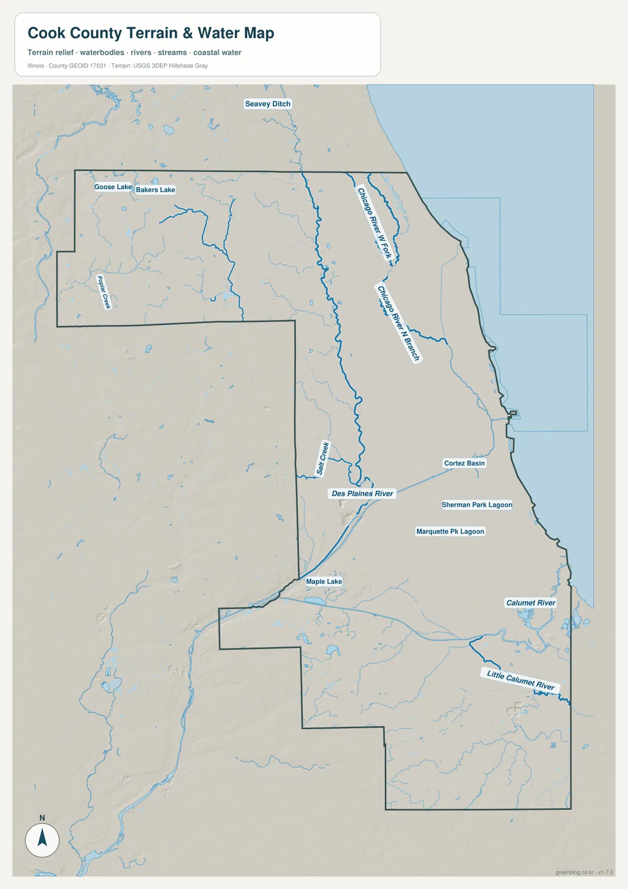 Cook County Illinois terrain and water map showing Lake Michigan, Chicago River, Des Plaines River, Salt Creek, Poplar Creek, Calumet River, and Little Calumet River