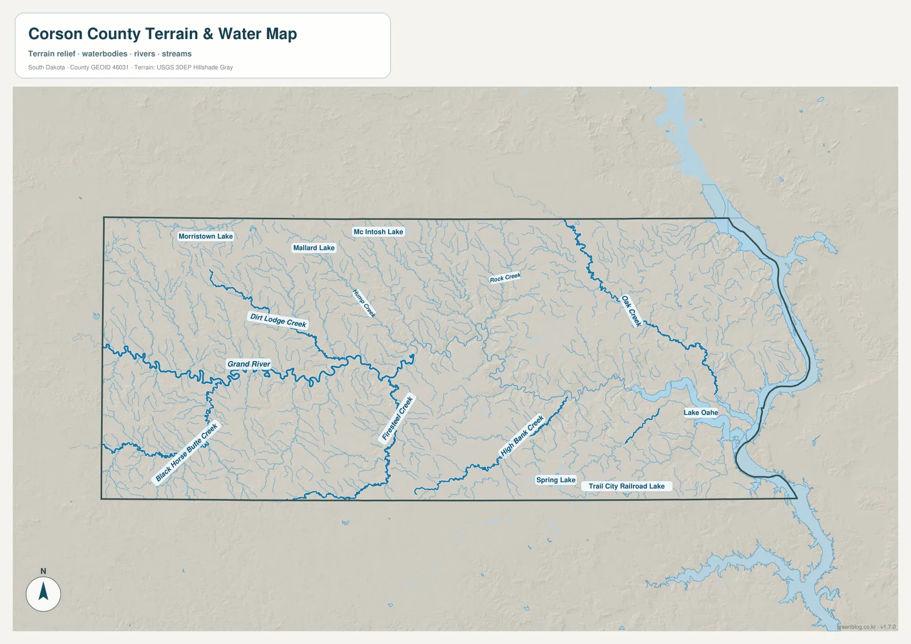 Grand River, Lake Oahe, Oak Creek, High Bank Creek, Firesteel Creek, Dirt Lodge Creek와 여러 호수가 표시된 코슨 카운티 수역 지도