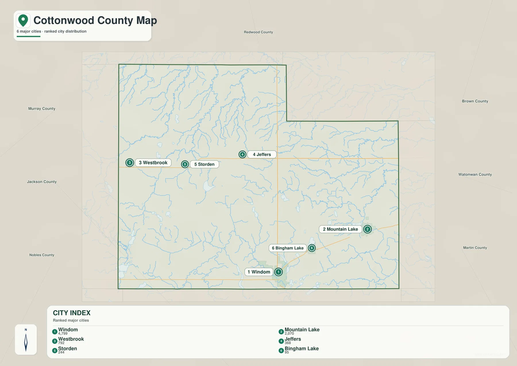 Cottonwood County city map showing Windom, Mountain Lake, Westbrook, Jeffers, Storden, and Bingham Lake