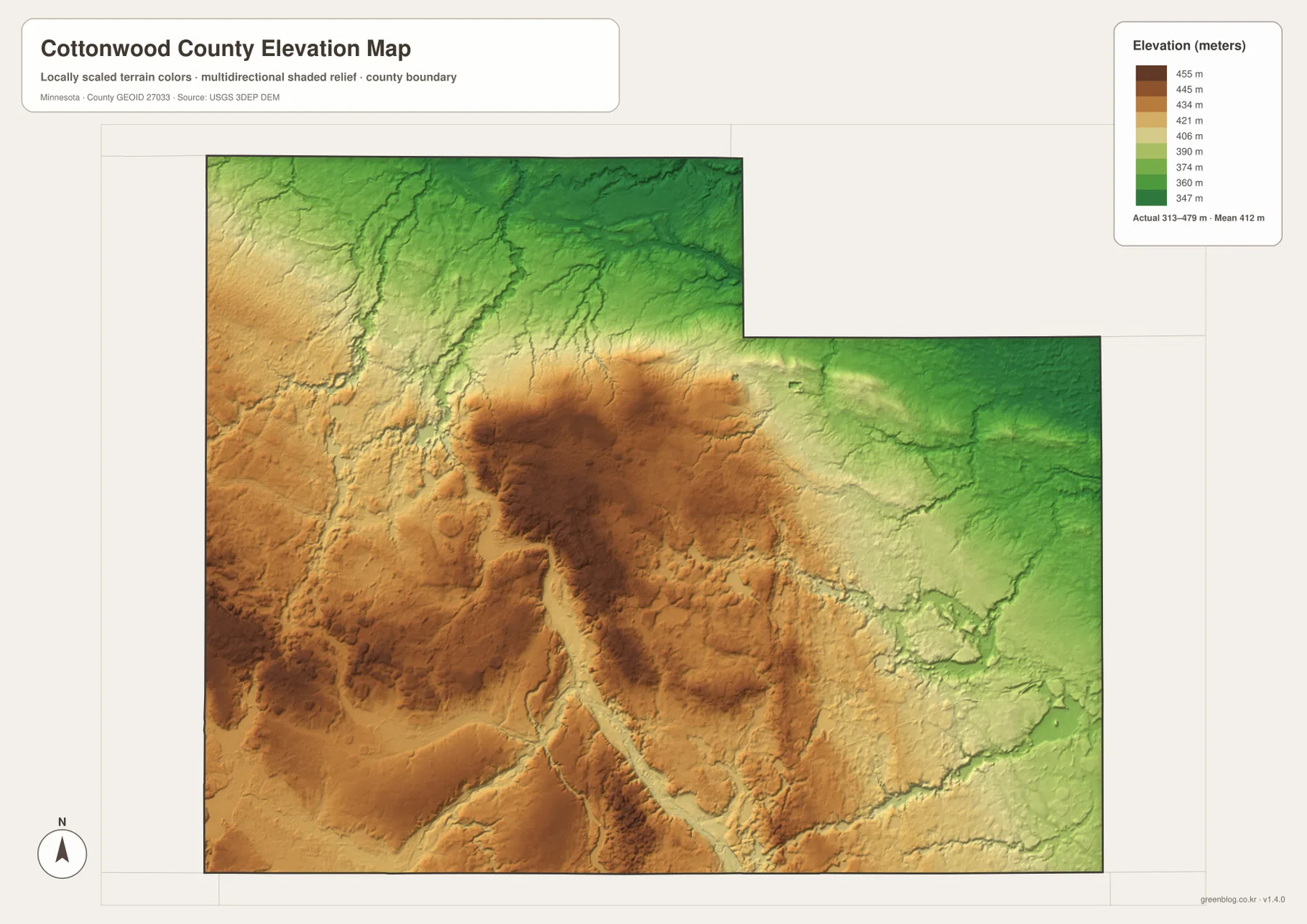 Cottonwood County elevation map showing higher western and central terrain and lower northeastern ground